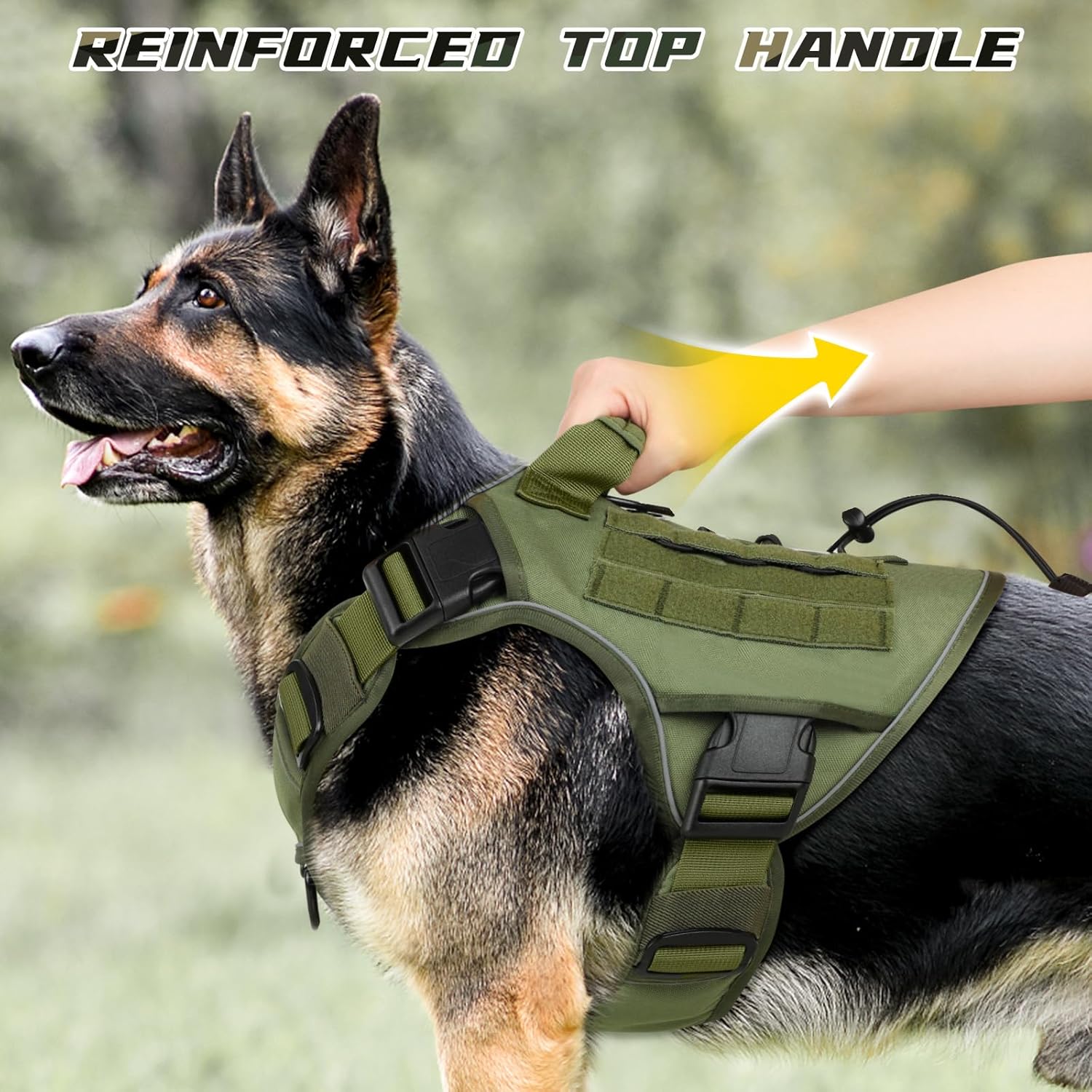 WINGOIN Arnés táctico verde con asa para perros grandes, antitirones, ajustable, reflectante, K9, chaleco militar con asa de fácil control y par de