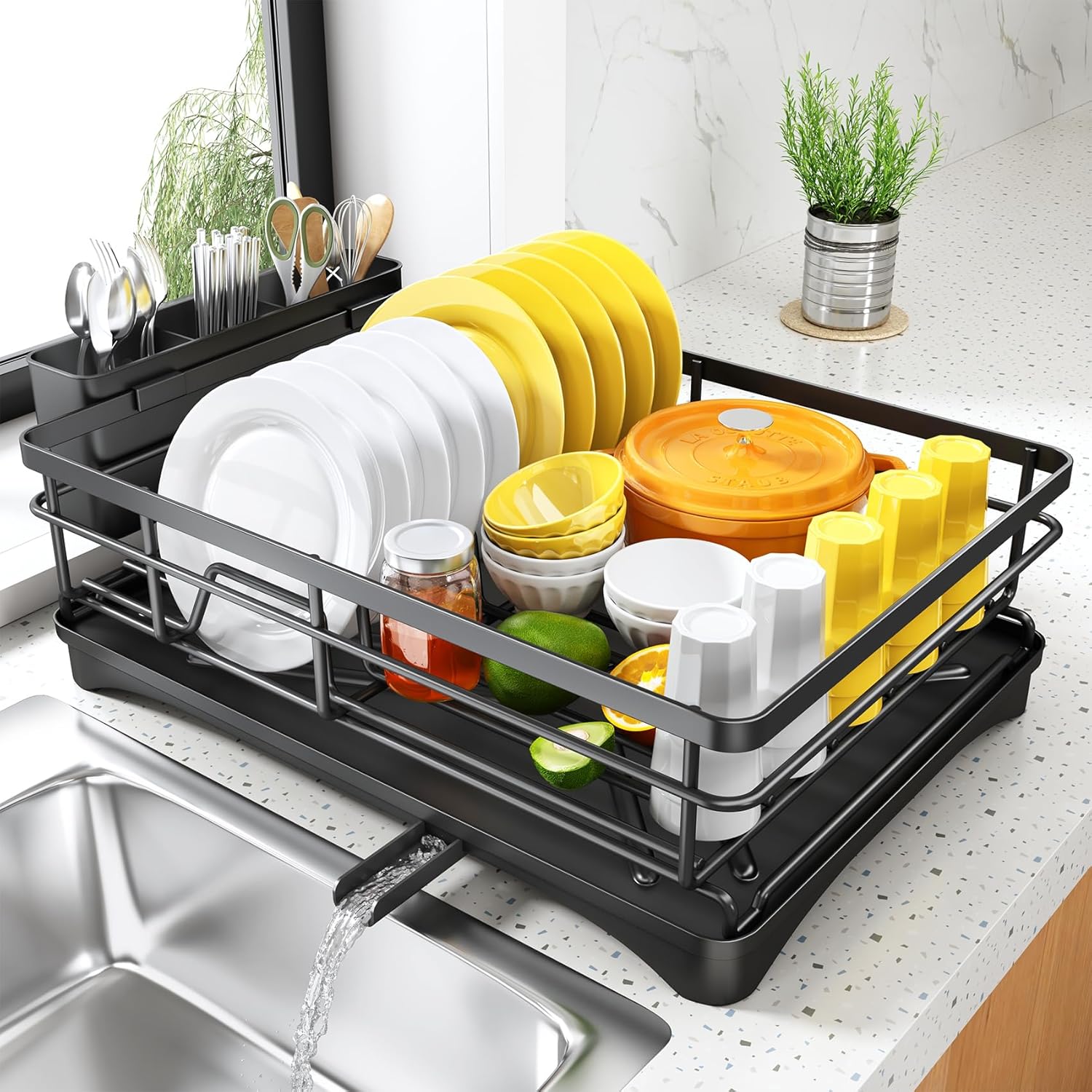 Escurridor de platos para encimera de cocina, escurridor grande con escurridor, escurridor de platos inoxidable con soporte para utensilios para