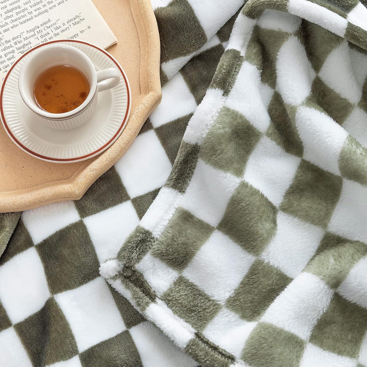 LOMAO Manta de franela con patrón de cuadrícula de ajedrez, suave, lujosa, cálida y acogedora para sofá y cama, para todas las estaciones (oliva