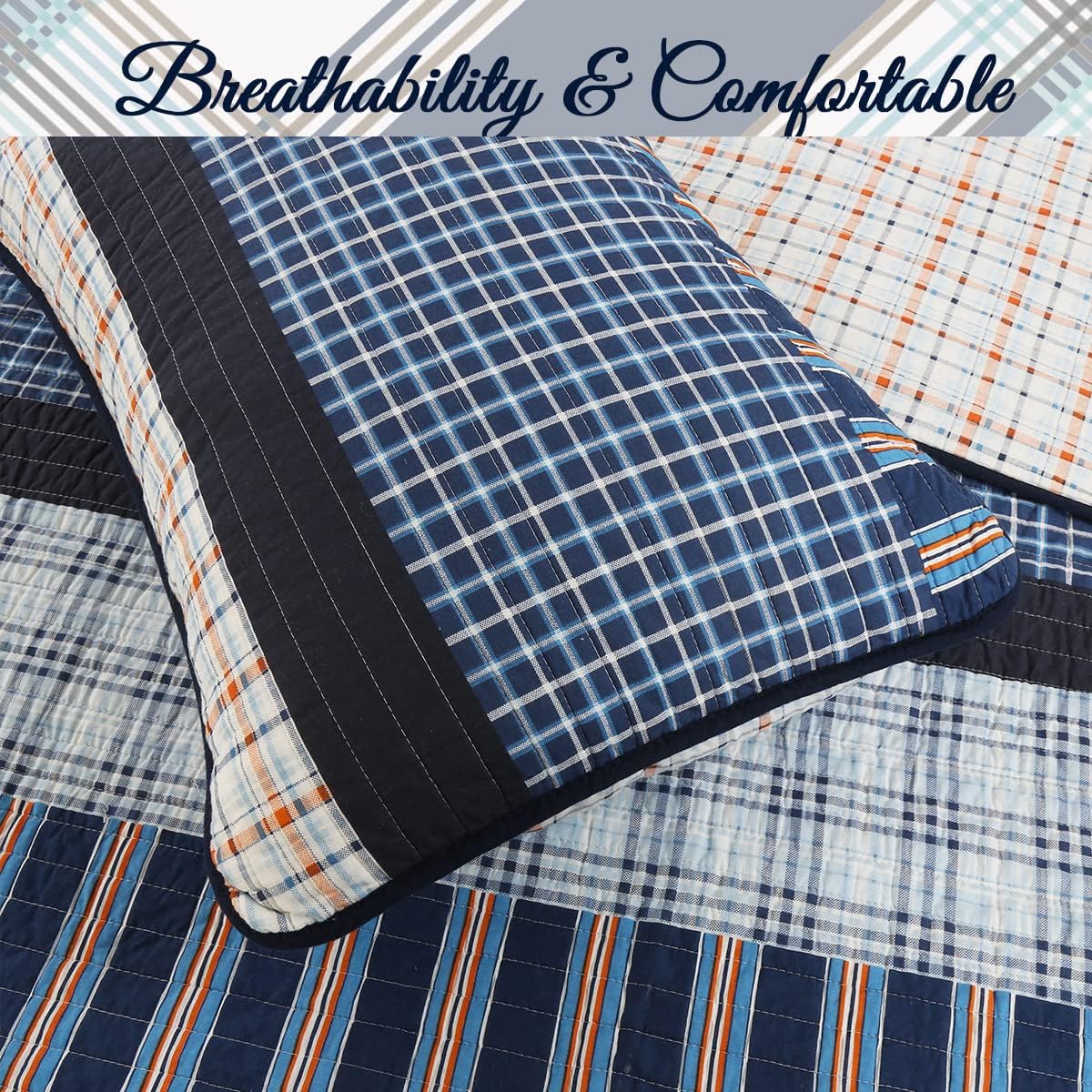 Cozy Line Home Fashions Juego de ropa de cama de 100 % algodón con estampado a rayas de cuadros azul marino y naranja a rayas, colcha reversible,