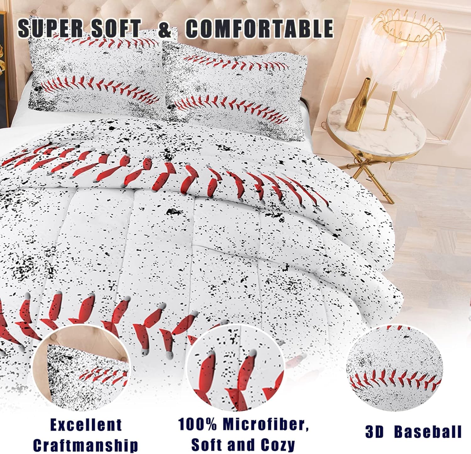 NINENINE Juego de ropa de cama de béisbol de 5 piezas, tamaño individual, juegos de ropa de cama deportiva para niños, juego de edredón blanco