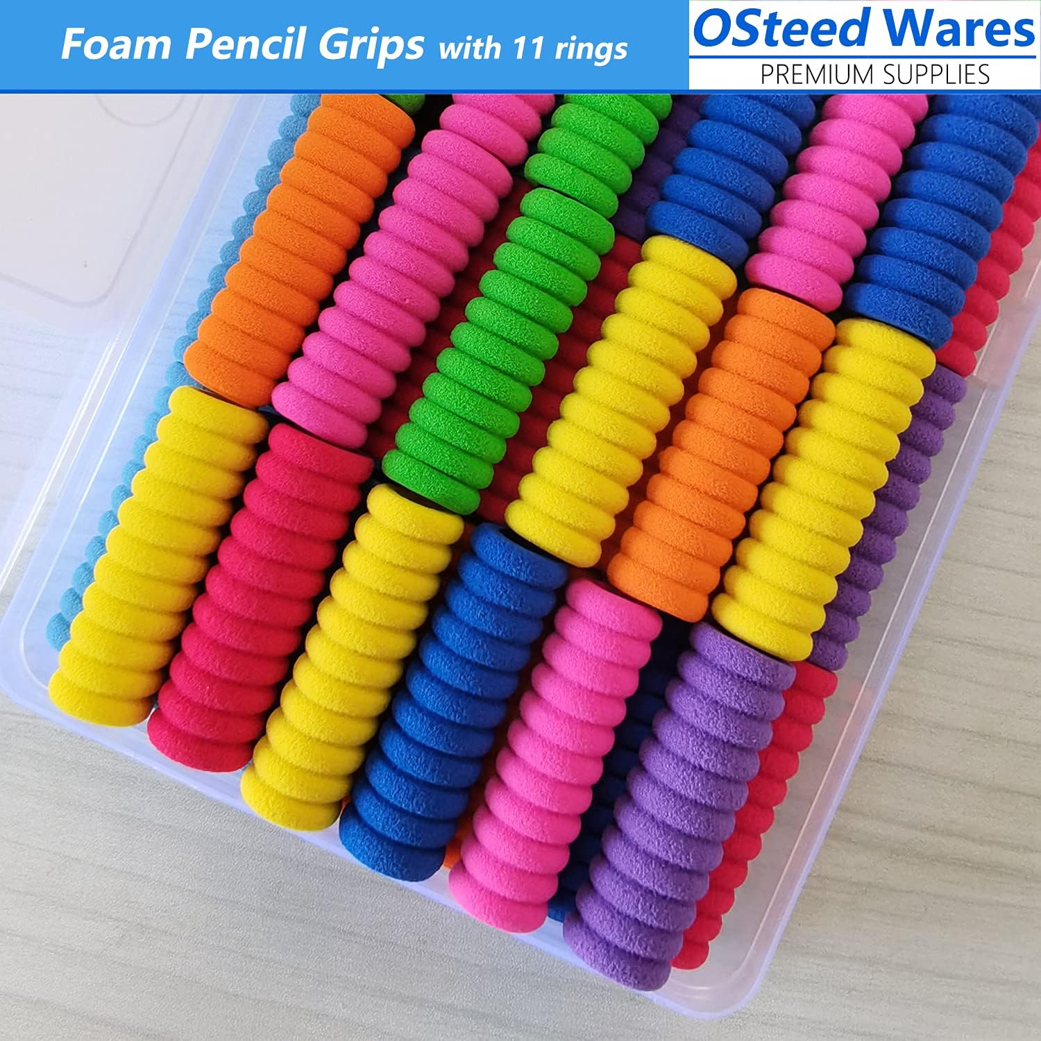50 empuñaduras de espuma para lápices de 11 anillos para escritura a mano para niños y adultos, 10 colores para aliviar los dedos, cojín de soporte