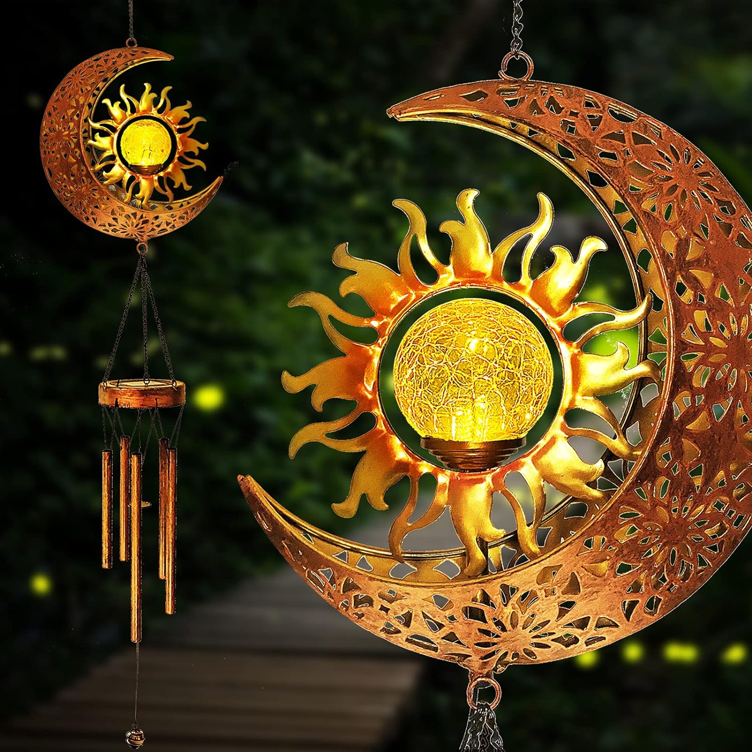 Campanillas de viento solares, para exteriores, jardín, decorativo, con bola agrietada, impermeable, de metal, LED, para colgar (luna y sol)