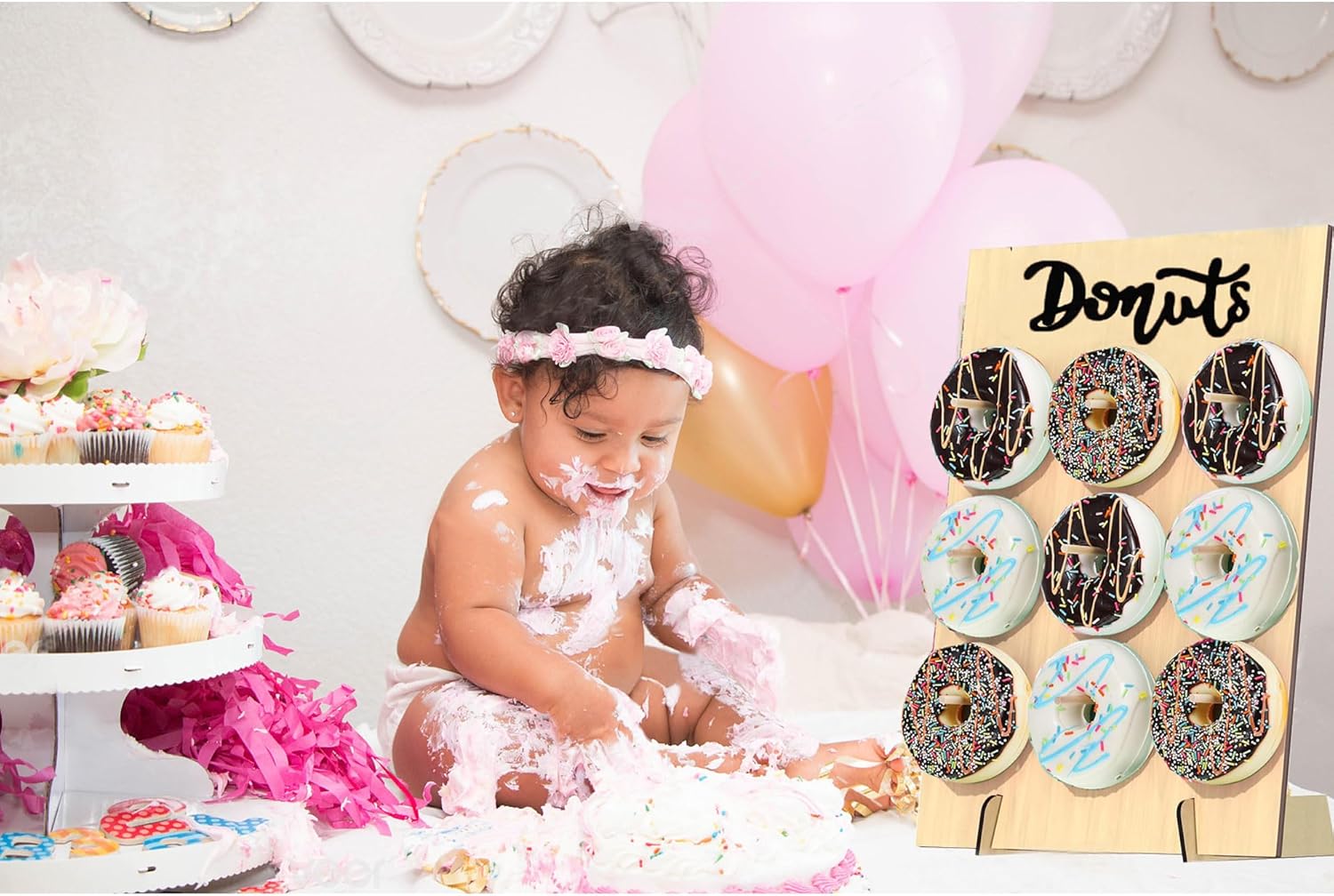 Soporte de exhibición de pared de rosquilla, 2 piezas, con 2 soportes de torre de dona, soporte de madera para donas para baby shower, fiesta, boda,