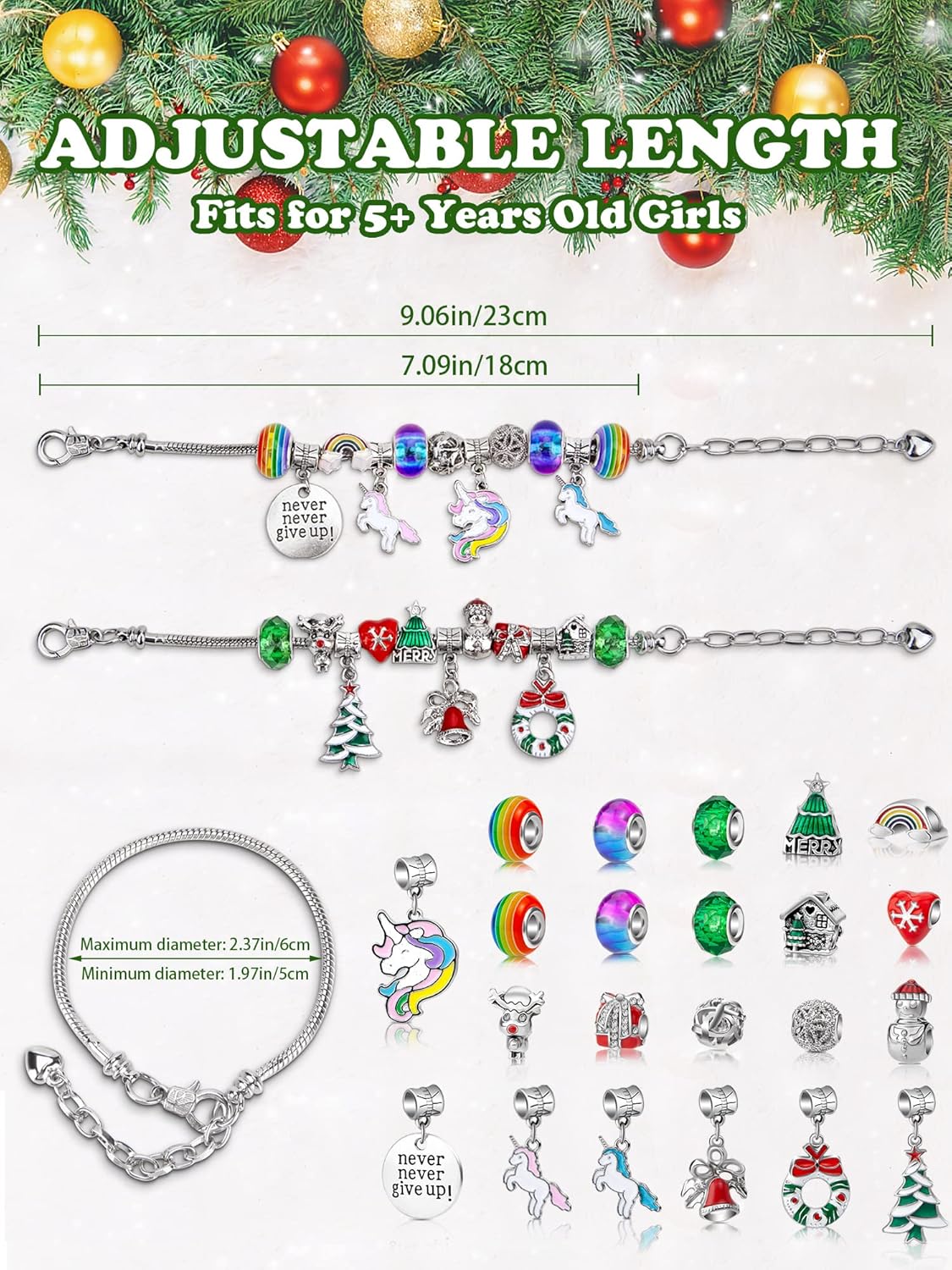 Calendario de Adviento 2023 Kit de fabricación de pulseras de unicornio para niñas, calendario de cuenta regresiva de 24 días de Navidad con 2
