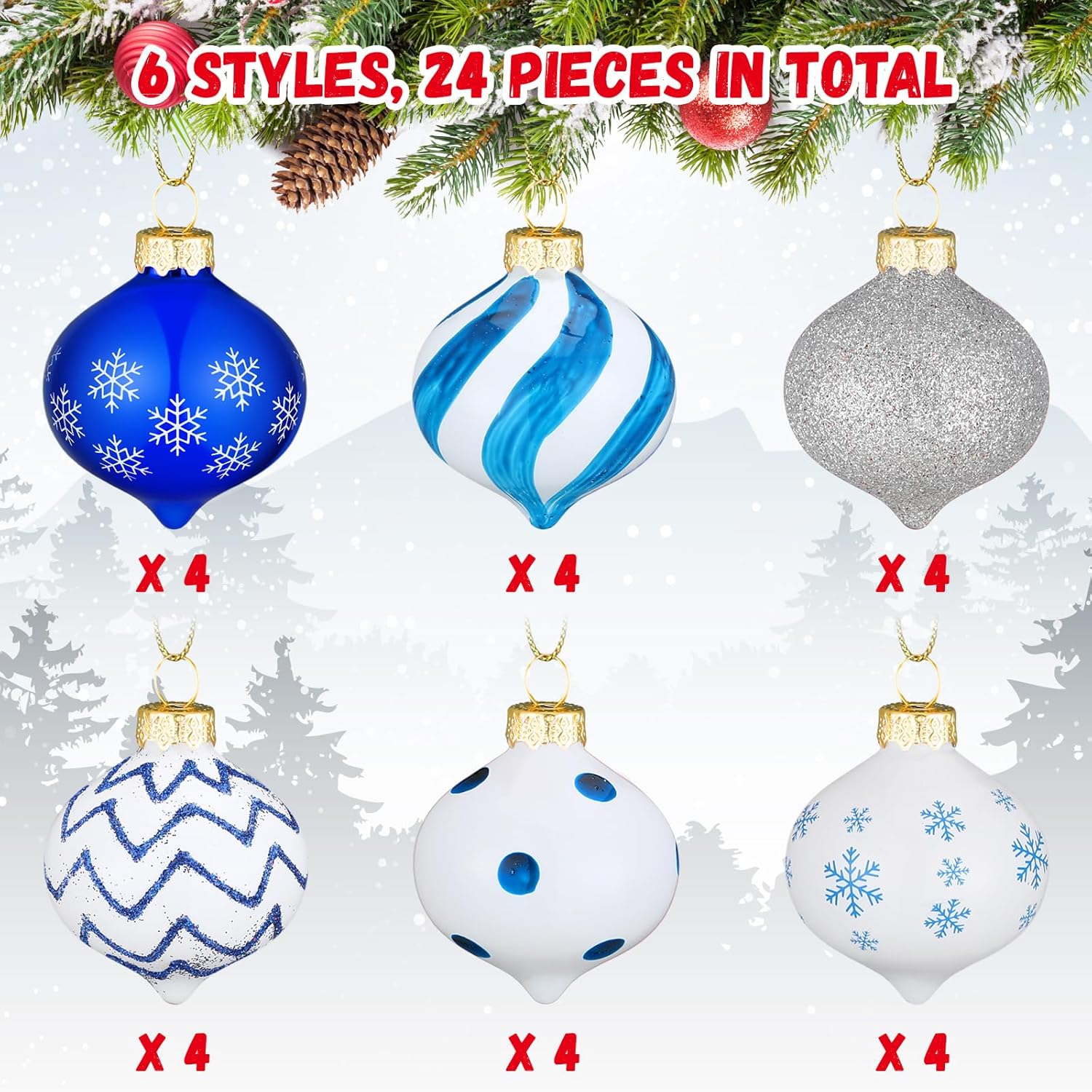 24 adornos colgantes de caramelo de menta navideña, bolas de vidrio, copos de nieve de Navidad, puntos de nieve, rayas, decoración de blanco, rojo,
