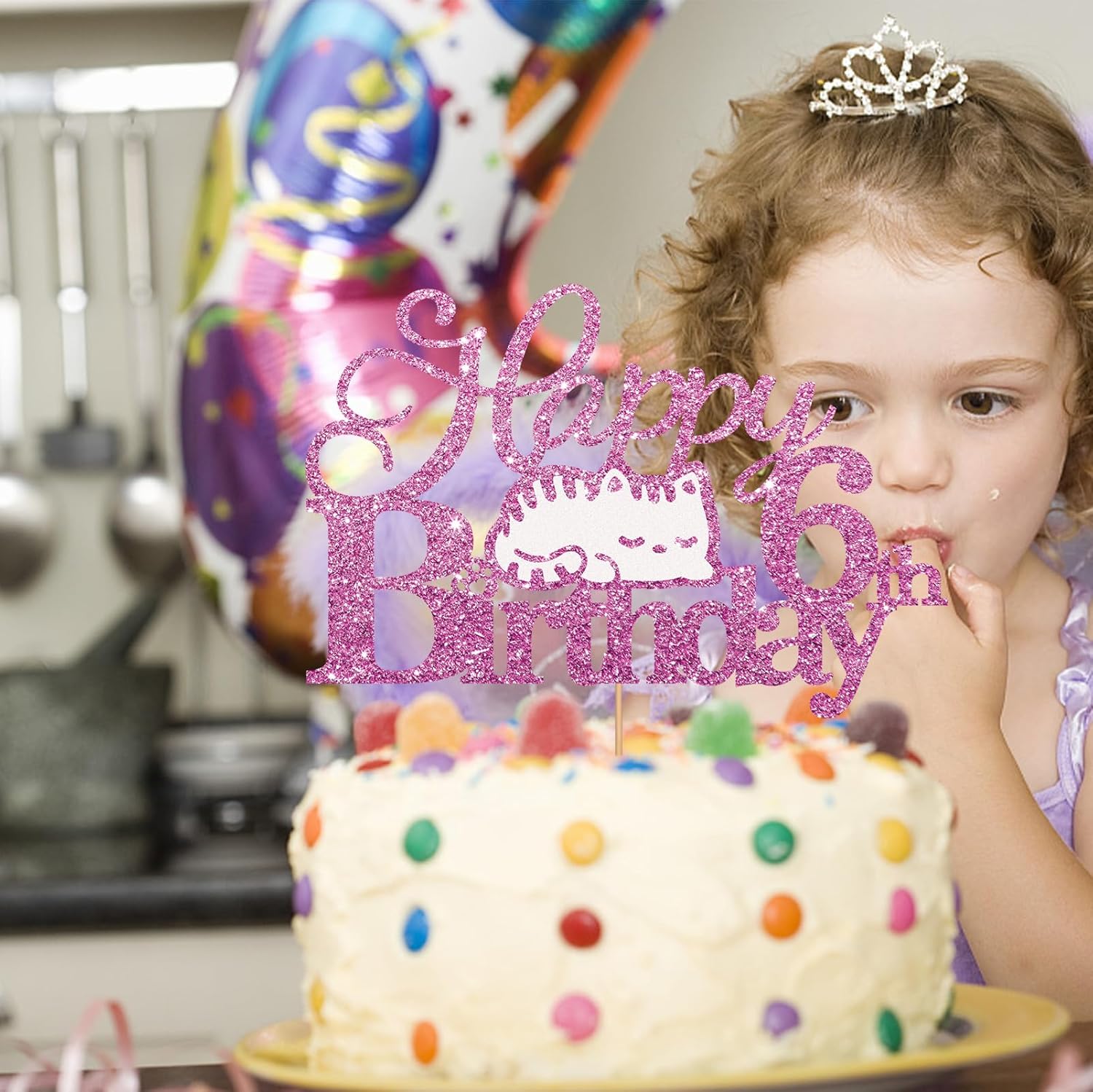 Decoración para tartas de 6 cumpleaños con diseño de gato con purpurina rosa, decoración de pastel de cumpleaños de seis años para niña, decoración