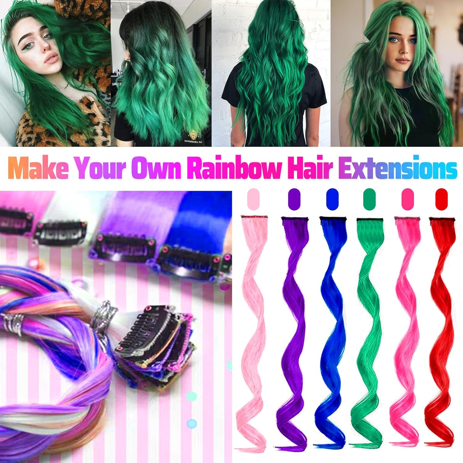 12 extensiones de cabello verde con clip, extensiones rizadas y onduladas de color para niños y niñas, extensiones sintéticas con reflejos para