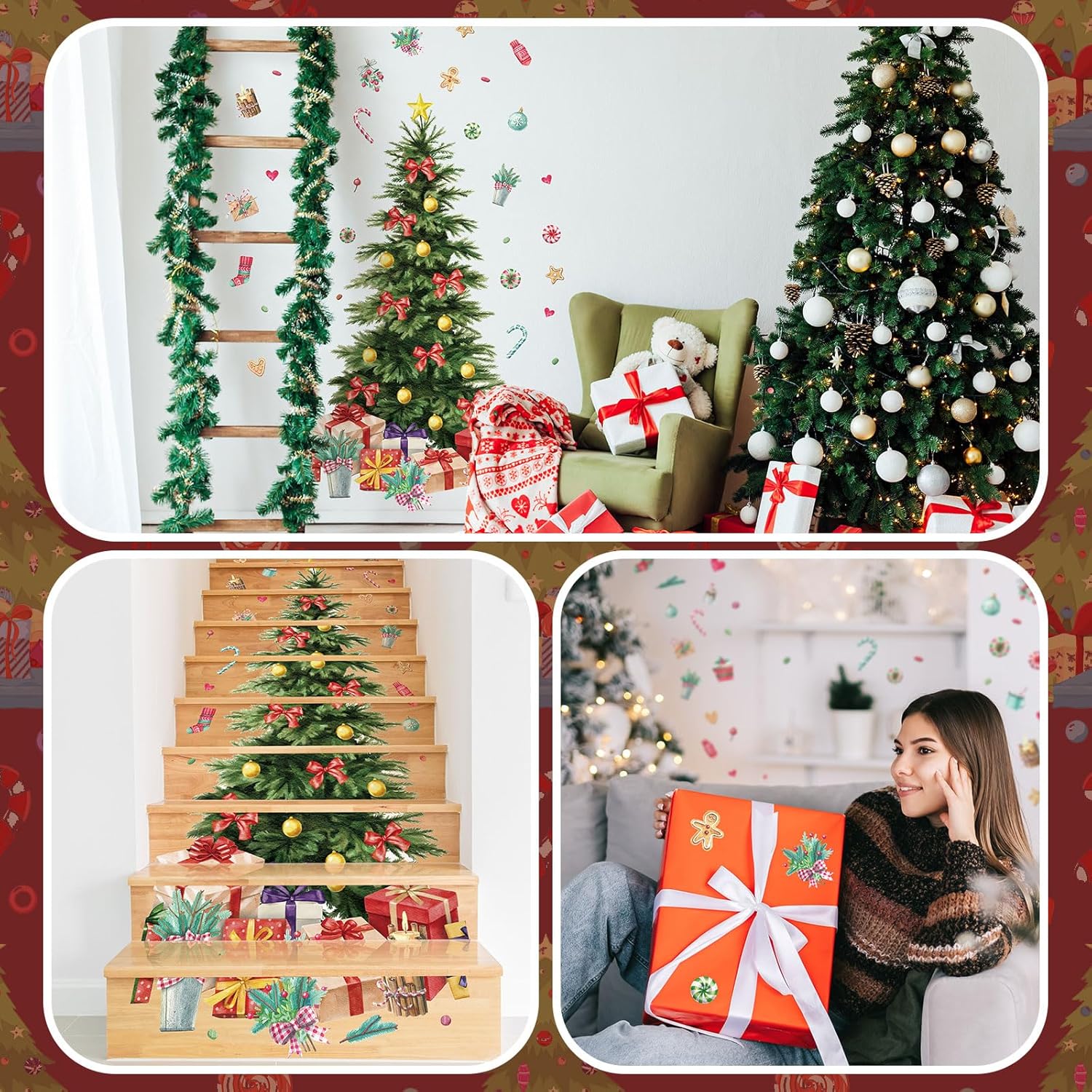 Cholemy 13 hojas de calcomanías 3D para escaleras de árbol de Navidad, decoración de escaleras de Navidad, calcomanías extraíbles para escaleras de