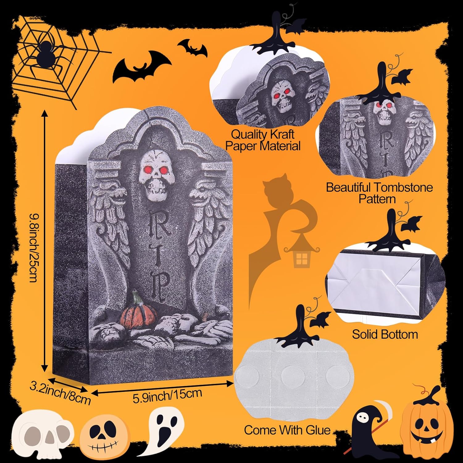 Yeaqee 48 bolsas de papel de lápida de Halloween, bolsas de regalo de dulces de Halloween, bolsas de golosinas para dulce o truco, bolsas de