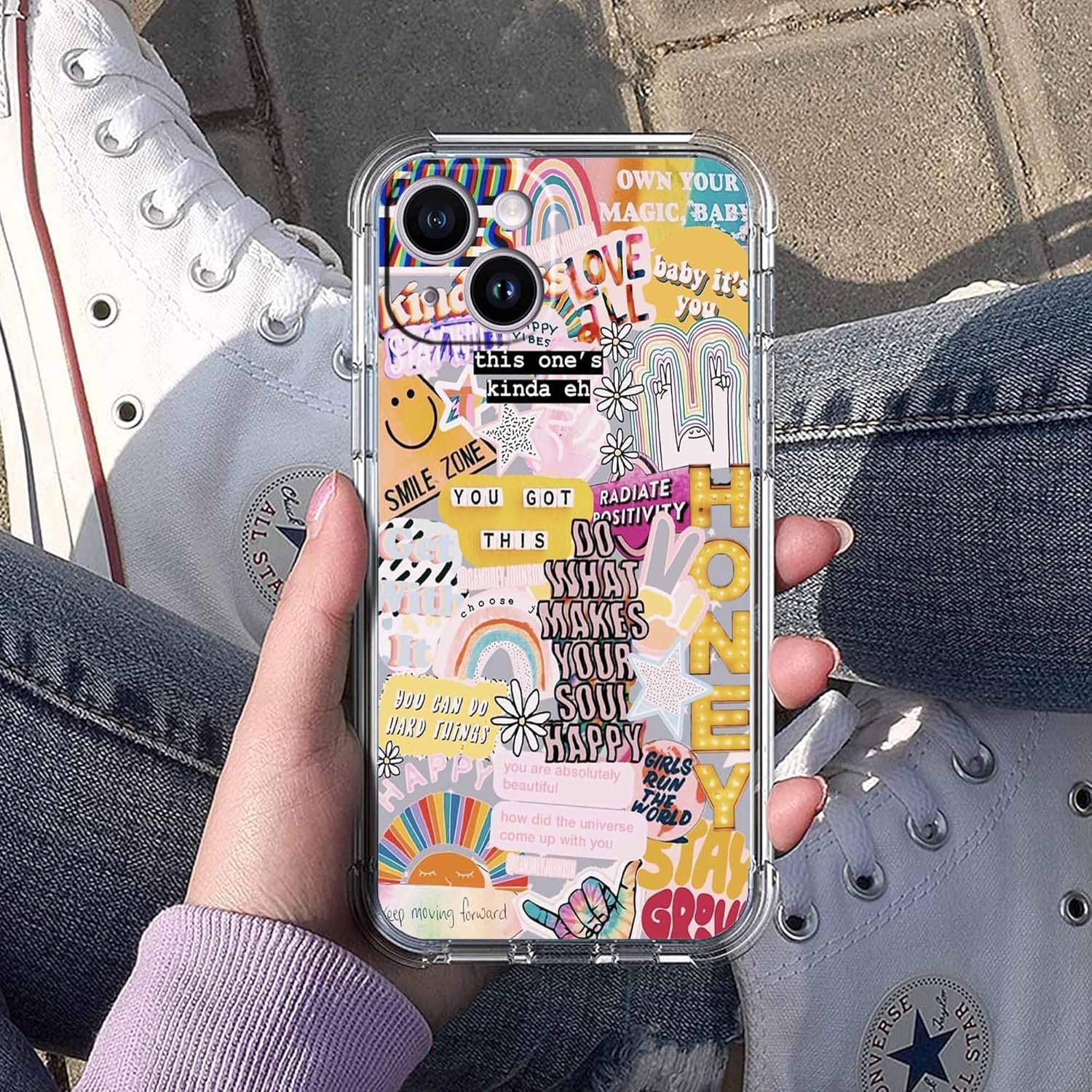 Funda con diseño de collage de citas positivas para iPhone 14 Plus, funda hippie de patrón estético indie para adolescentes y mujeres, funda única