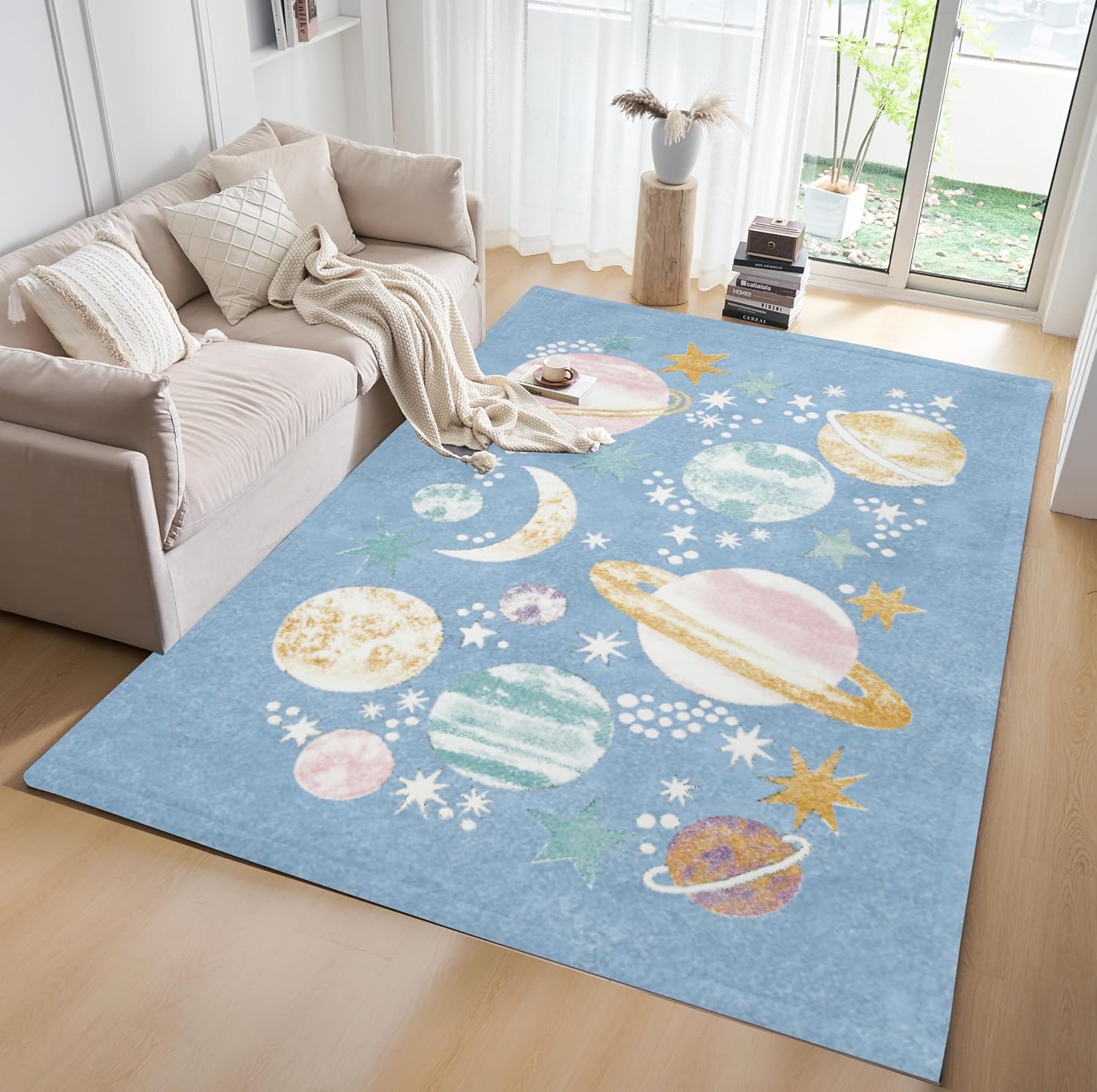 Alfombra de pelo coral con estampado de planetas con respaldo antideslizante en el reverso del tapete para el suelo, alfombra grande de color sólido