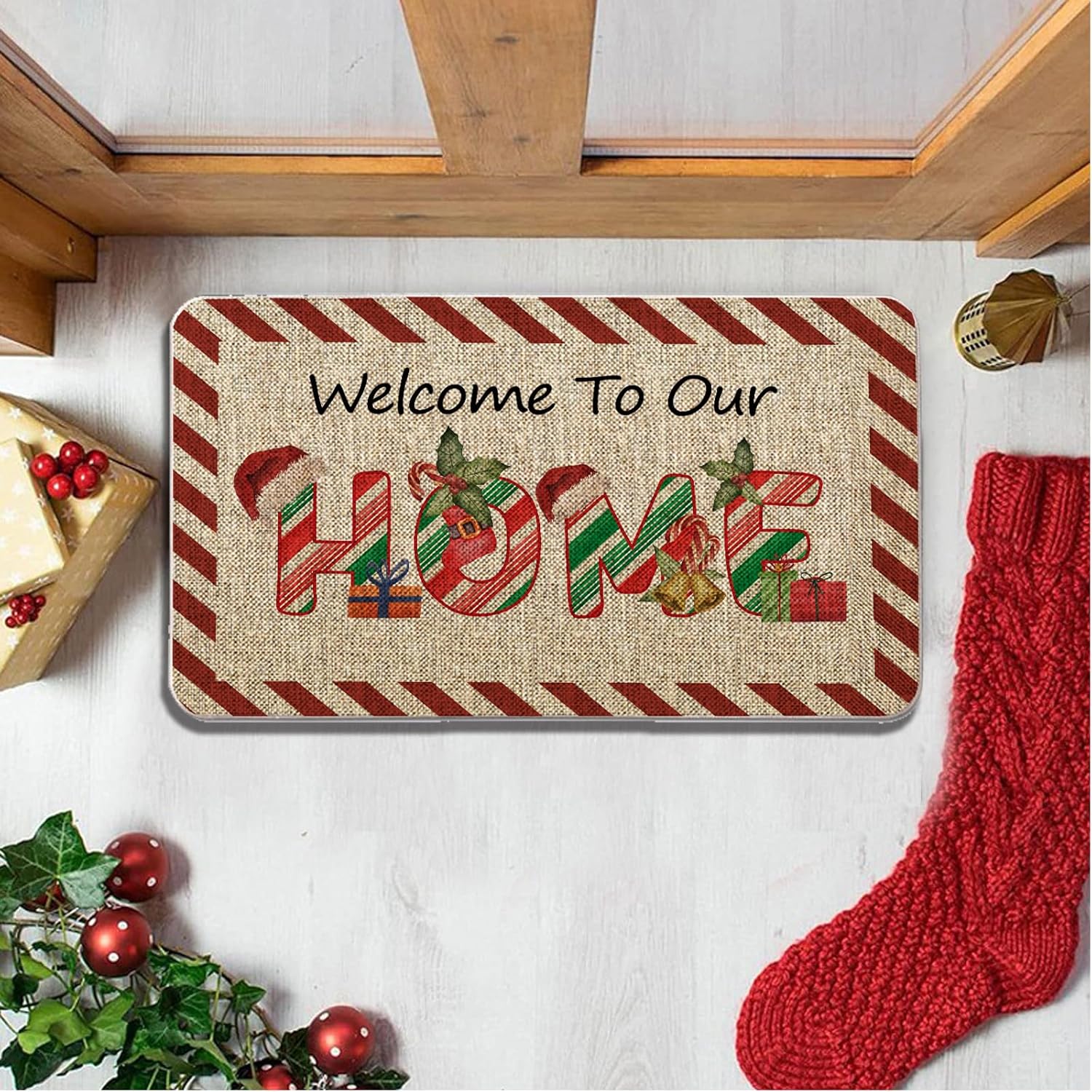 GAGEC Tapete de Navidad para puerta de exterior, tapete de bastón de caramelo, alfombra de entrada roja y blanca, tapete de puerta de menta para