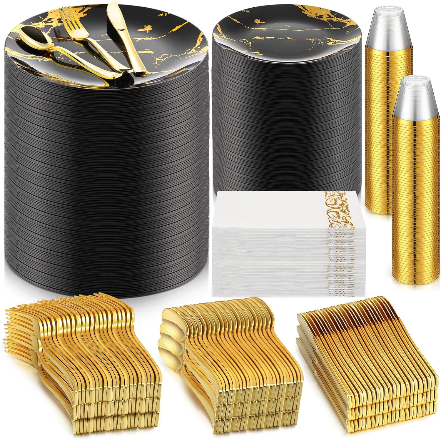 Tioncy Juego de 700 platos de plástico negro y dorado para 100 invitados, 100 platos desechables de 7.5 pulgadas, 100 platos de 10.25 pulgadas, 100