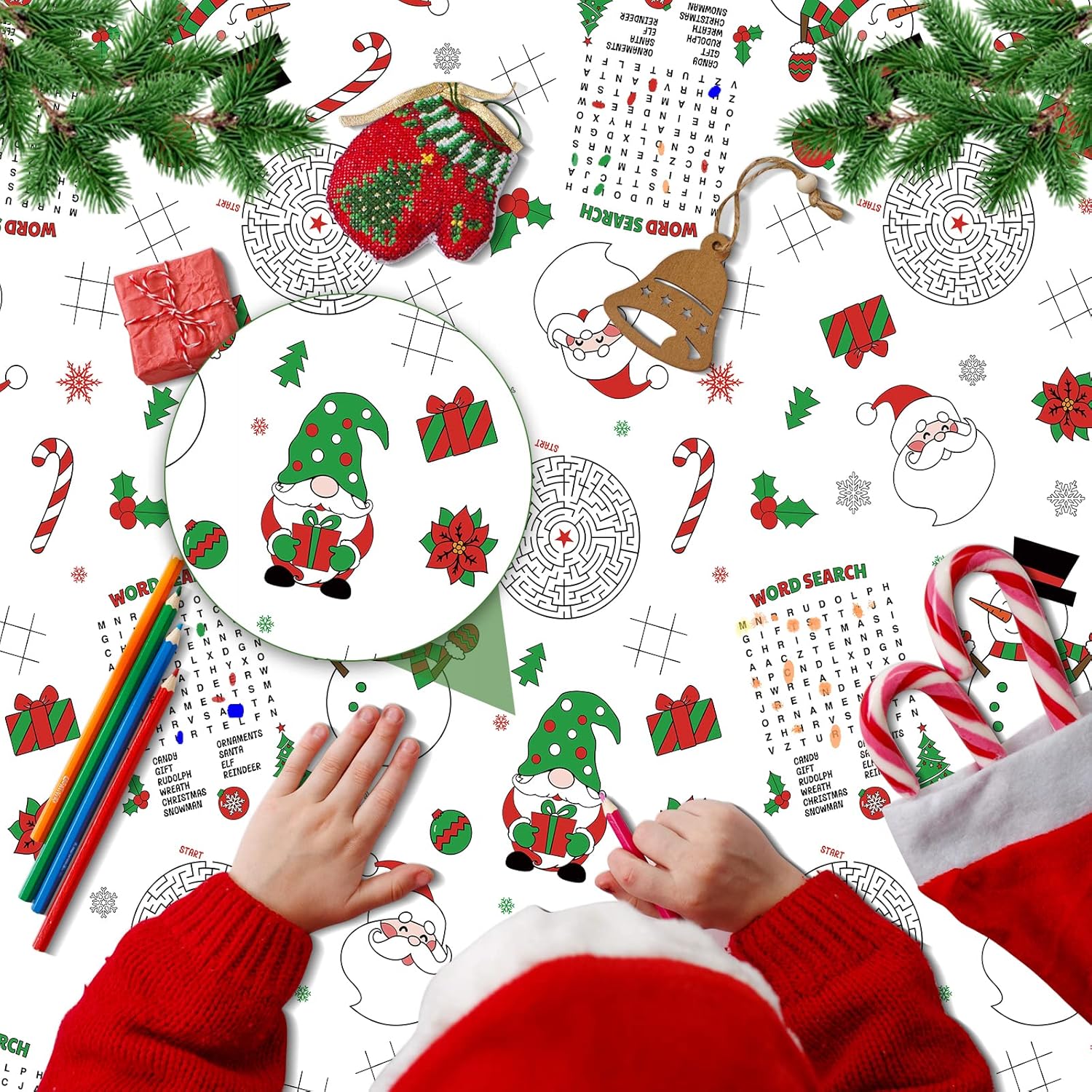 1 mantel de papel de actividades navideñas, mantel desechable de papel de Papá Noel, muñeco de nieve, gnomo, para niños, Navidad, invierno,
