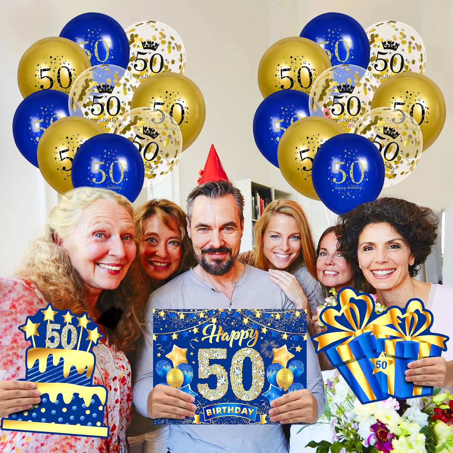 Decoraciones azules de cumpleaños 50 para hombres y mujeres, 6 piezas azul marino y dorado con estacas y 18 globos de 50 cumpleaños 1973 para fiesta