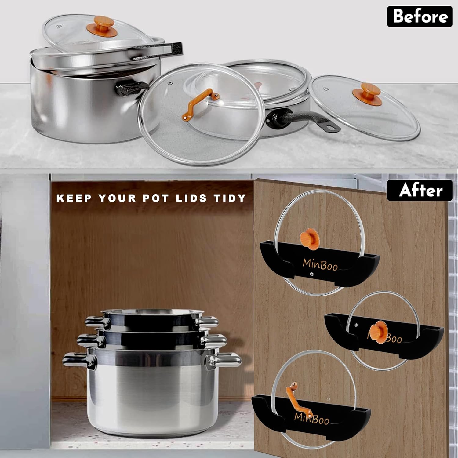 MinBoo Organizador de tapa de olla de bambú para puerta de armario para pared de cocina, juego de 2 soportes para tapas de ollas y sartenes en el