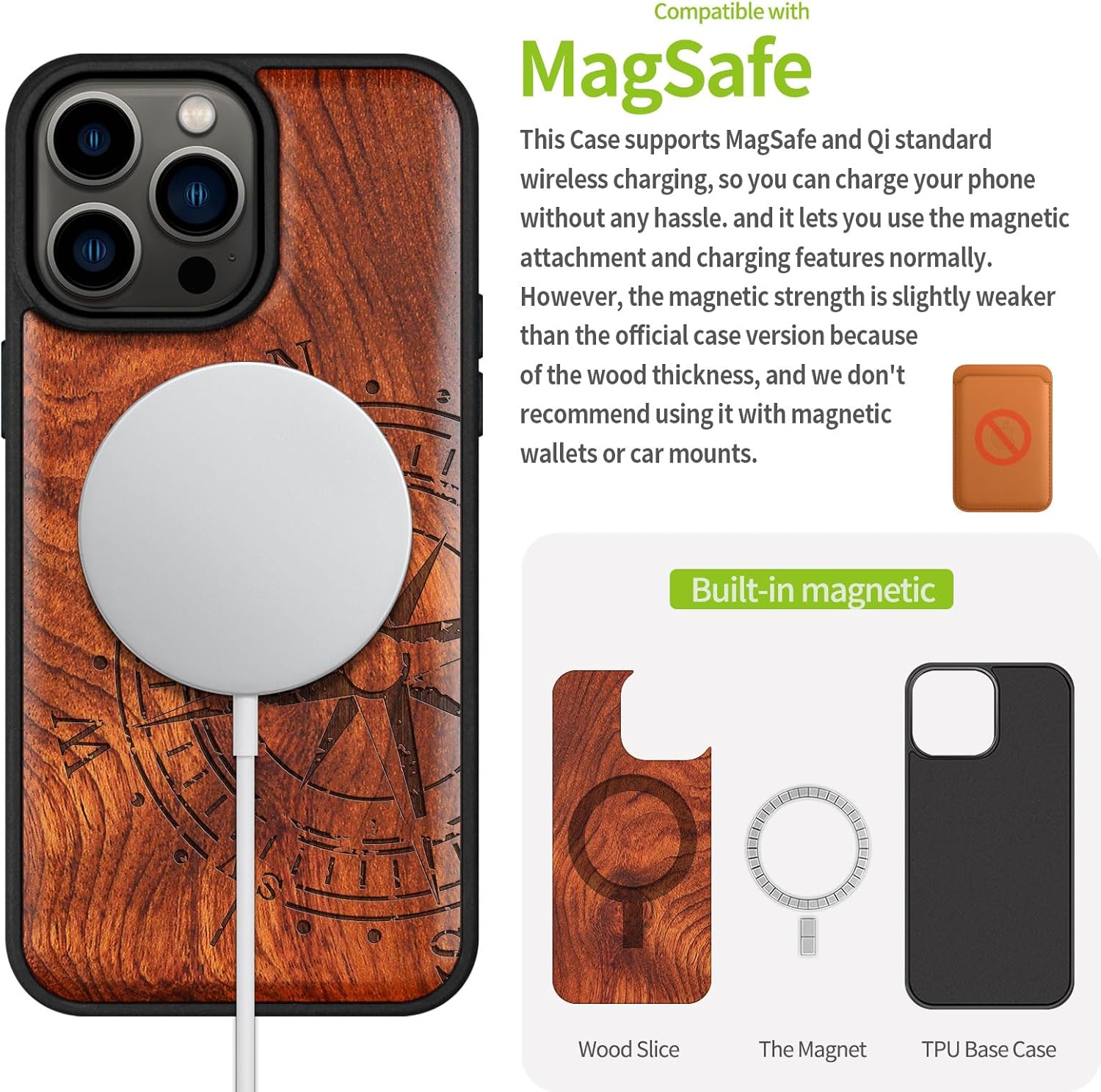 Carveit Funda magnética de madera para iPhone 15 Pro Max madera maciza y TPU suave negro a prueba de golpes, funda de madera única compatible con