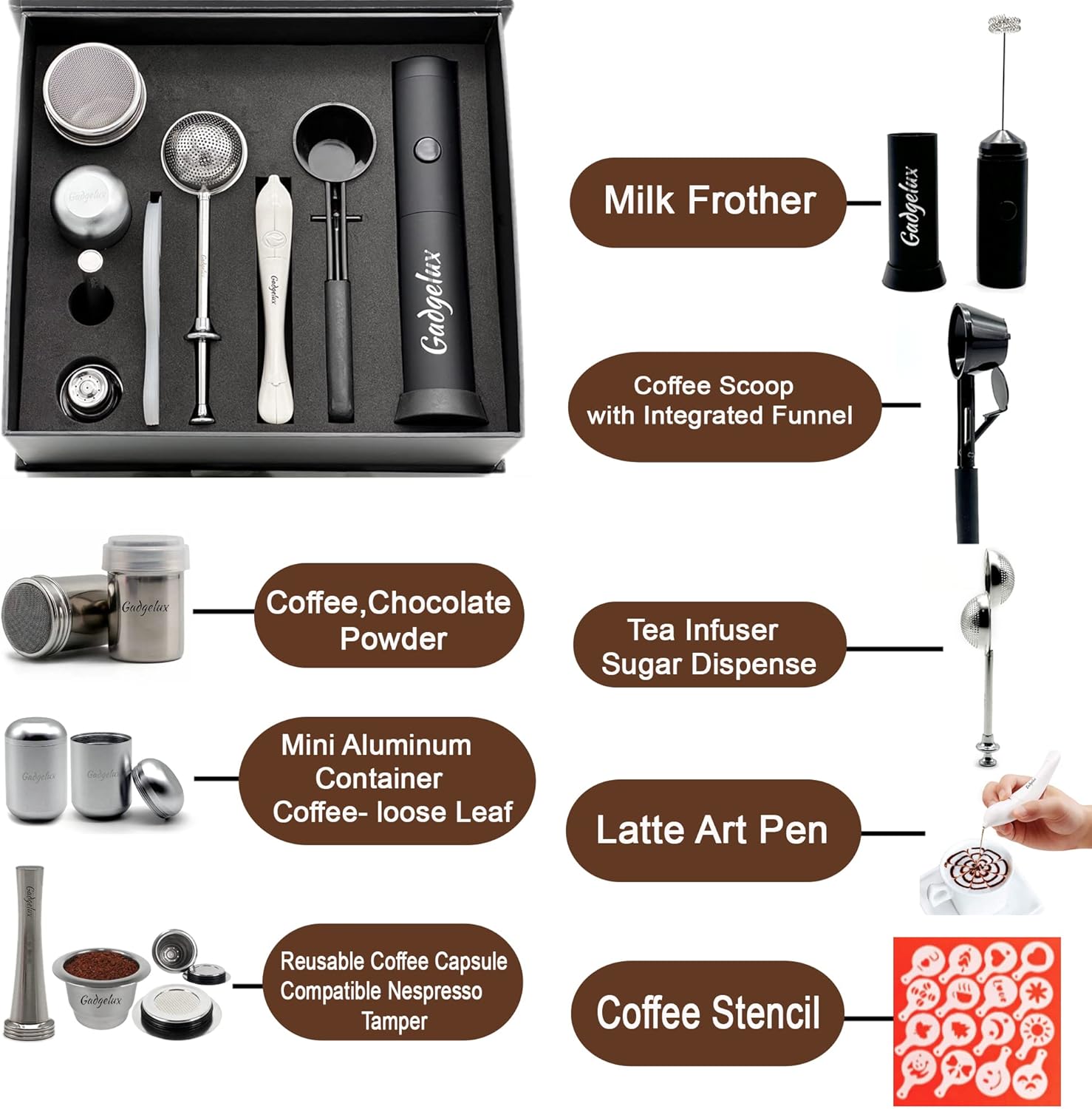 Juego de regalo de barista, cápsulas de espresso reutilizables, espumador de leche, utensilios de cocina, accesorios de barra de café, infusores de