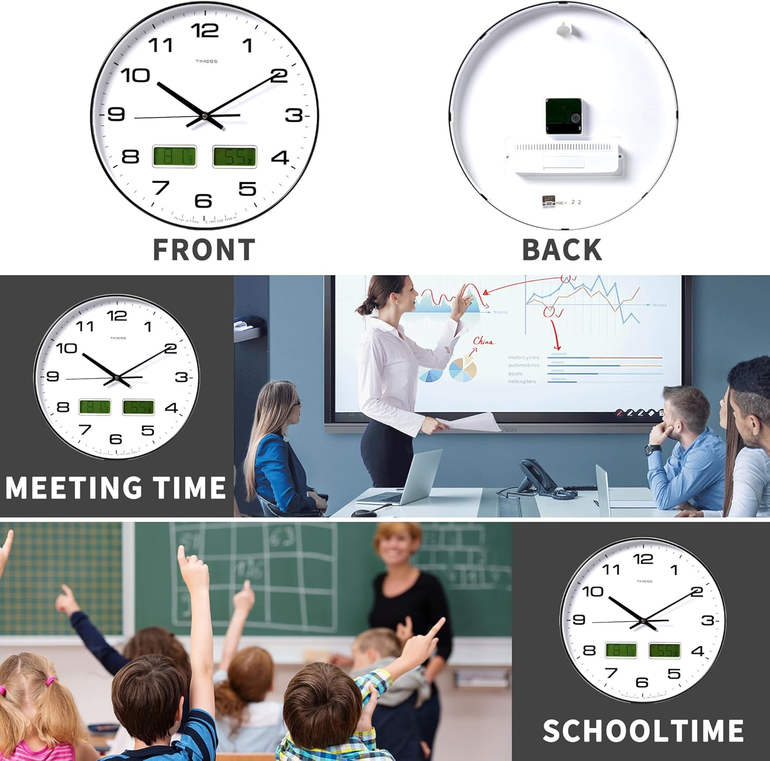 Reloj de pared, esfera grande de 14 pulgadas, silencioso, funciona con pilas, analógico con pantalla LCD dual para temperatura y humedad