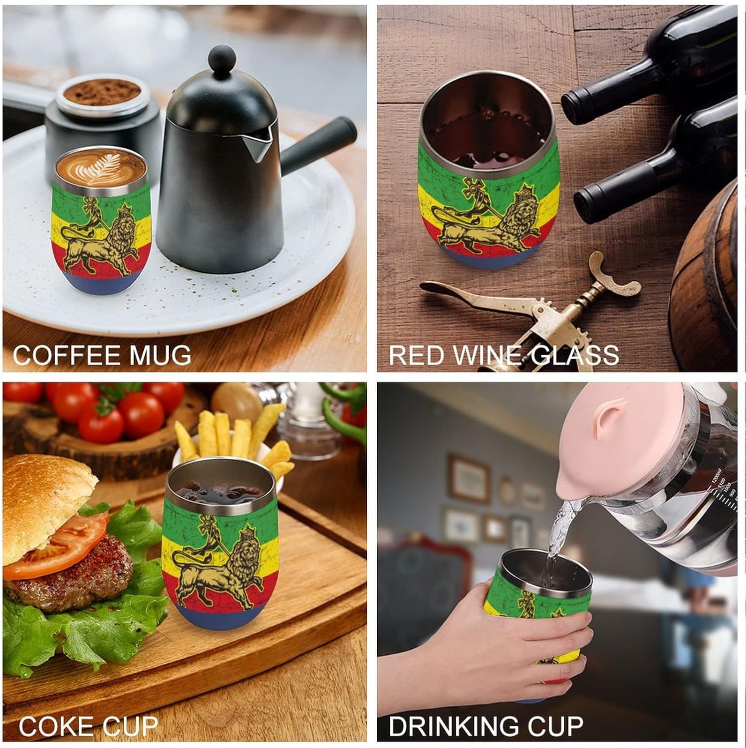 Vaso de vino aislado de 12 onzas con tapa con la bandera del león de Judá, reutilizable, doble pared al vacío, taza de café de acero inoxidable que