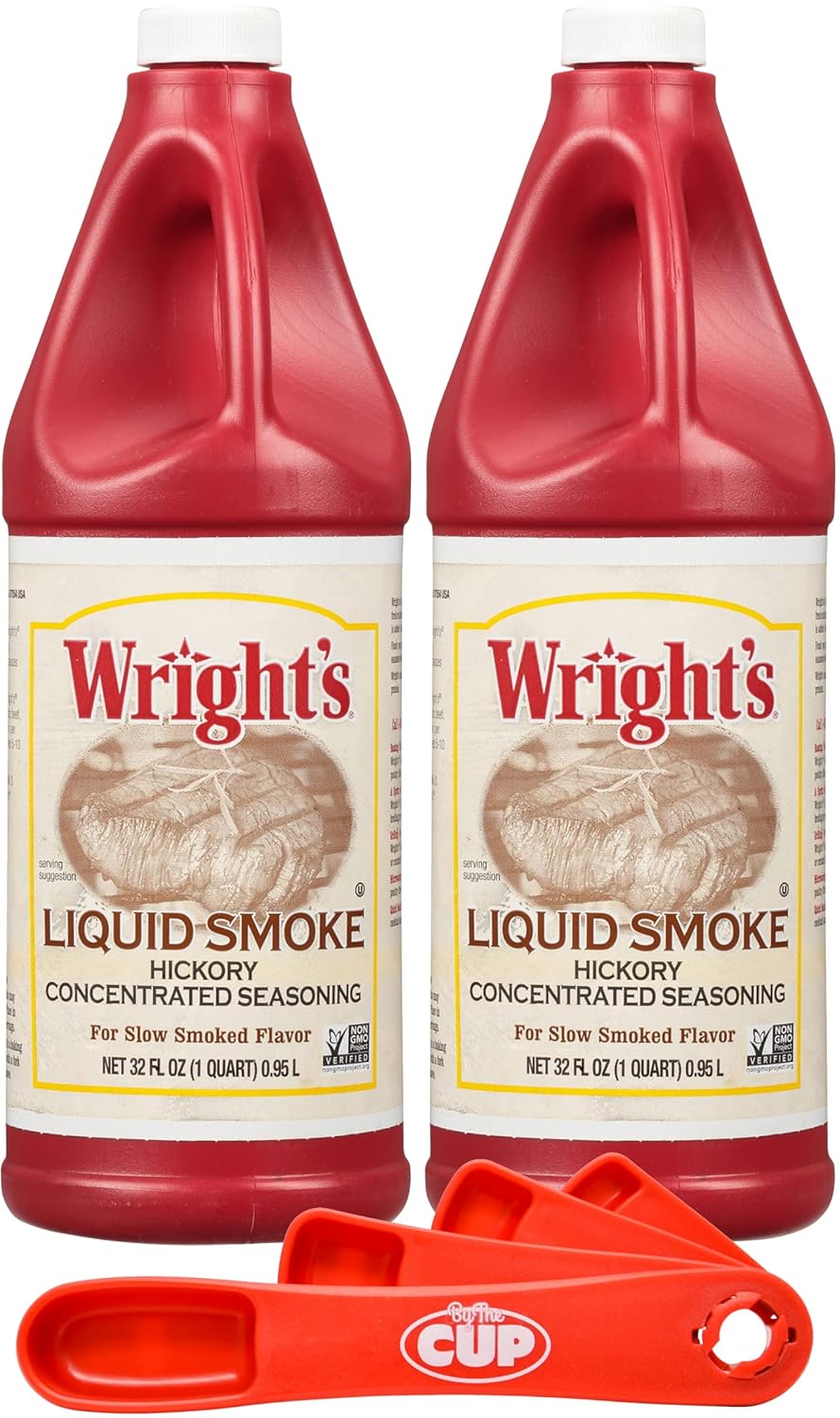 Wright’s – Condimento concentrado de nogal líquido de humo, botella de 32 onzas (paquete de 2) con cucharas giratorias By The Cup