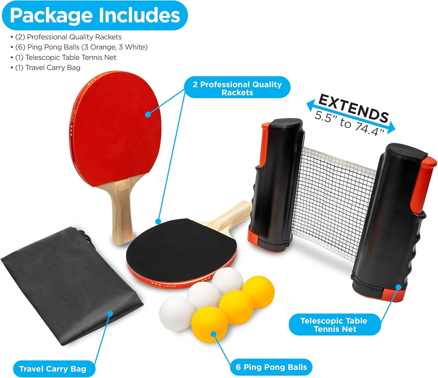 HAKOL Juego de ping pong con 4 paletas y red para cualquier mesa, red retráctil, 2 paletas, 6 bolas, bolsa de transporte, diversión portátil en
