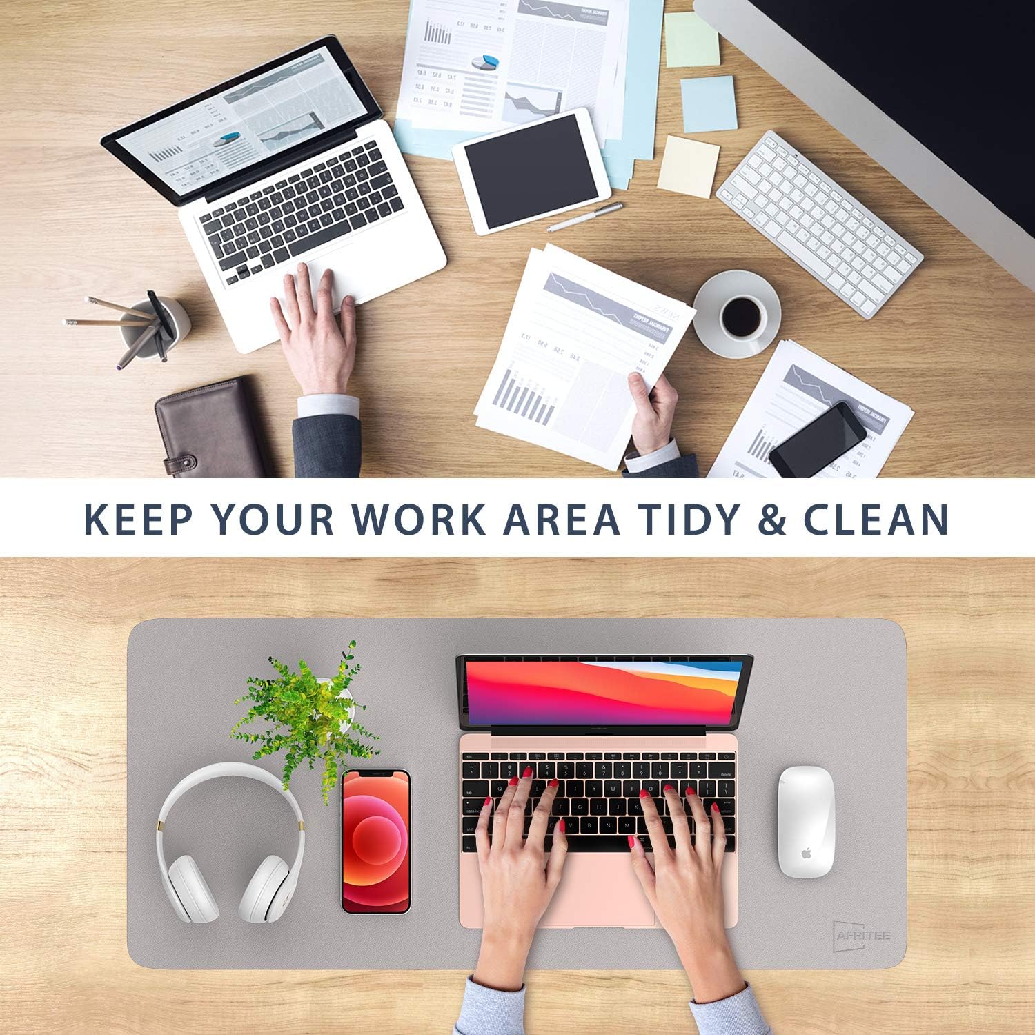 AFRITEE – Tapete protector de escritorio, de piel sintética de doble cara, alfombrilla grande para mouse, alfombrilla de escritura, impermeable,