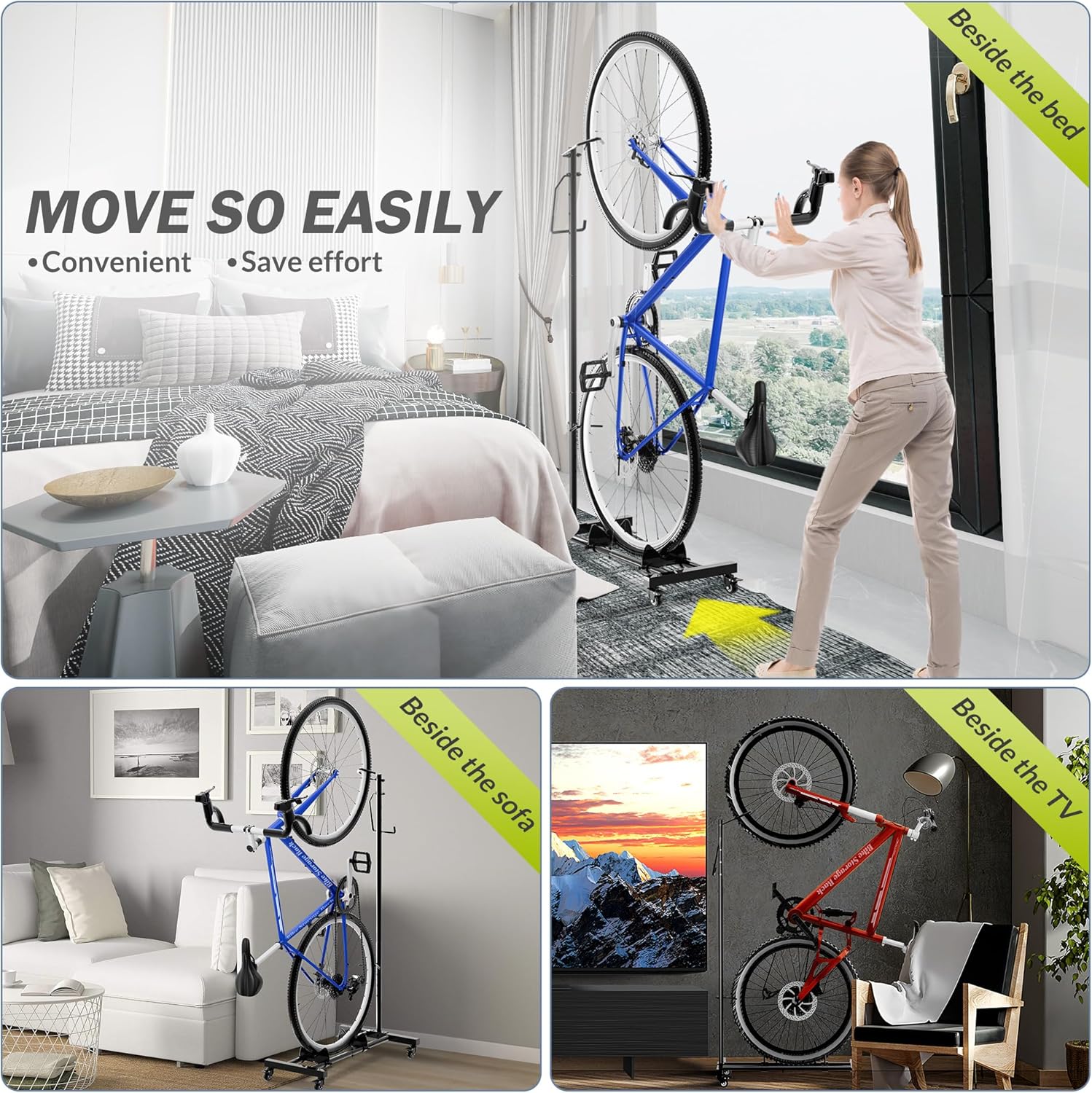 Soporte vertical para bicicleta, vertical y horizontal, altura ajustable, estante de almacenamiento de bicicletas para apartamento, estante de
