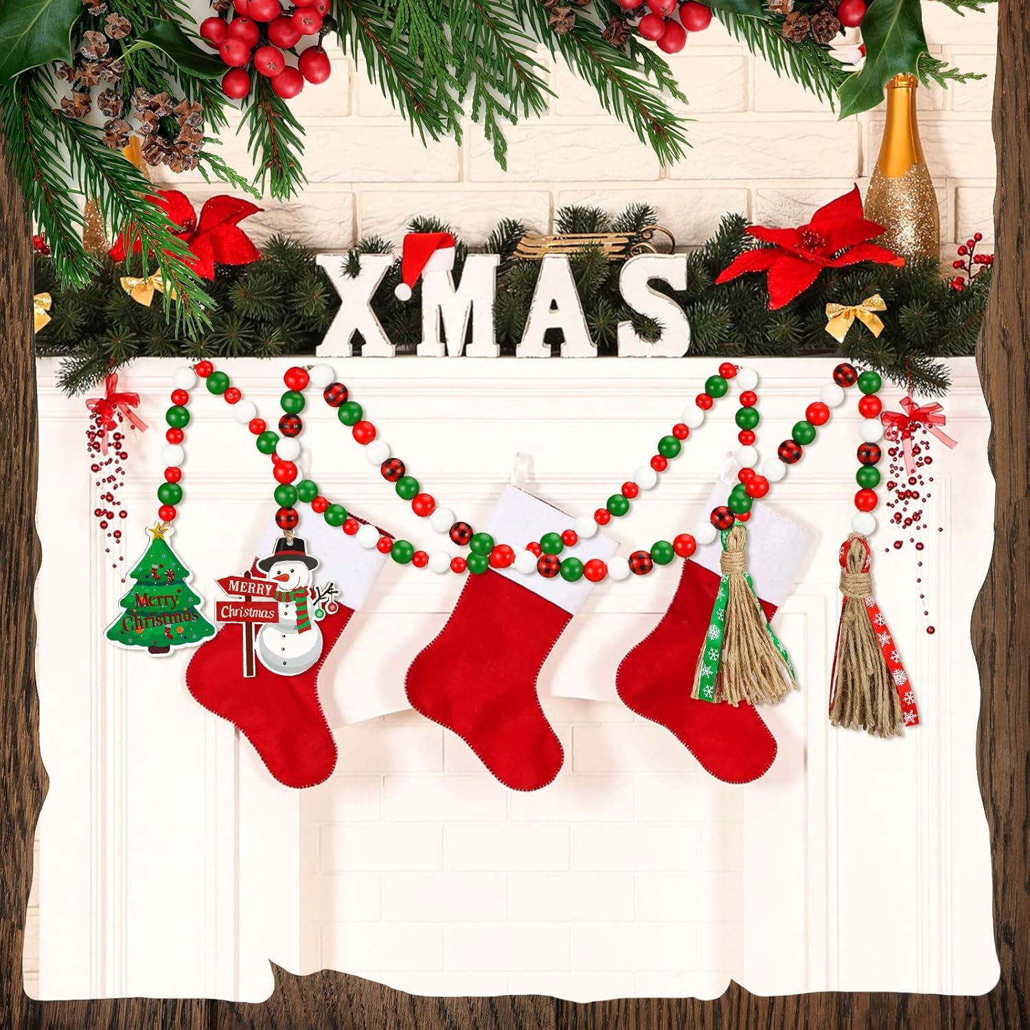 Guirnalda de cuentas de madera de Navidad con borlas, decorada con adorno para árbol de Navidad, 2 piezas de guirnalda de cuentas de madera, adornos