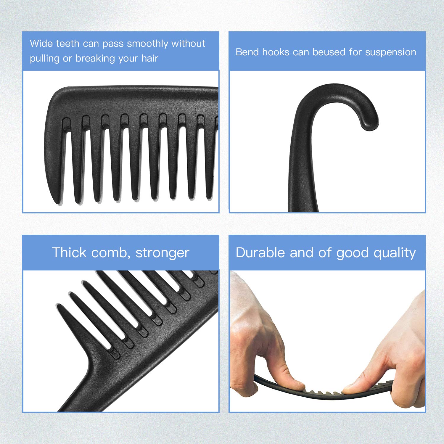 Wapodeai Peine de ducha de dientes anchos con gancho, bueno para cabello rizado húmedo y seco, peines de alta calidad sin enredos, color negro.
