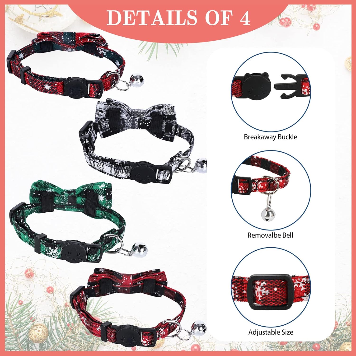 Whaline Paquete de 4 collares de Navidad para mascotas, collar clásico de búfalo a cuadros con lazo extraíble estampado de copo de nieve, collar de