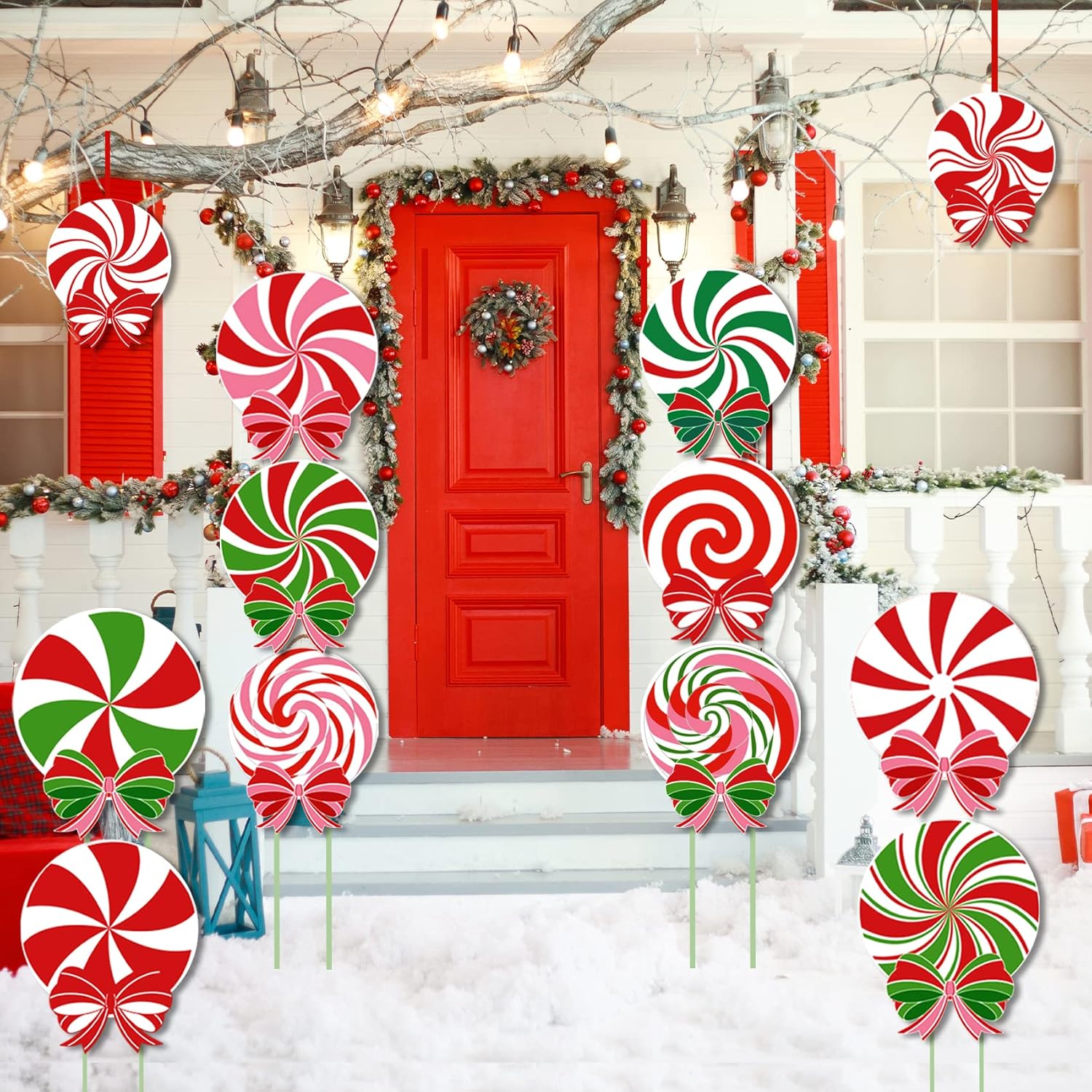 12 carteles de Navidad para patio al aire libre, decoraciones de caramelos, luces LED de menta para exteriores, estacas de Navidad, adornos