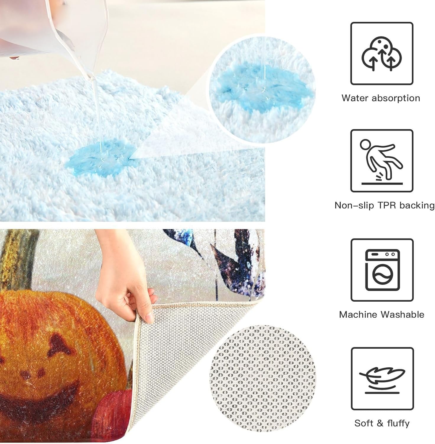 Bathroom Rugs Sets 2 Piece 24×16+24×20 Inch,Soft U-Shaped Contour Toilet Rug Halloween Pumpkin Retro Non-Slip Absorbent Bath Floor Mat Carpet Set
