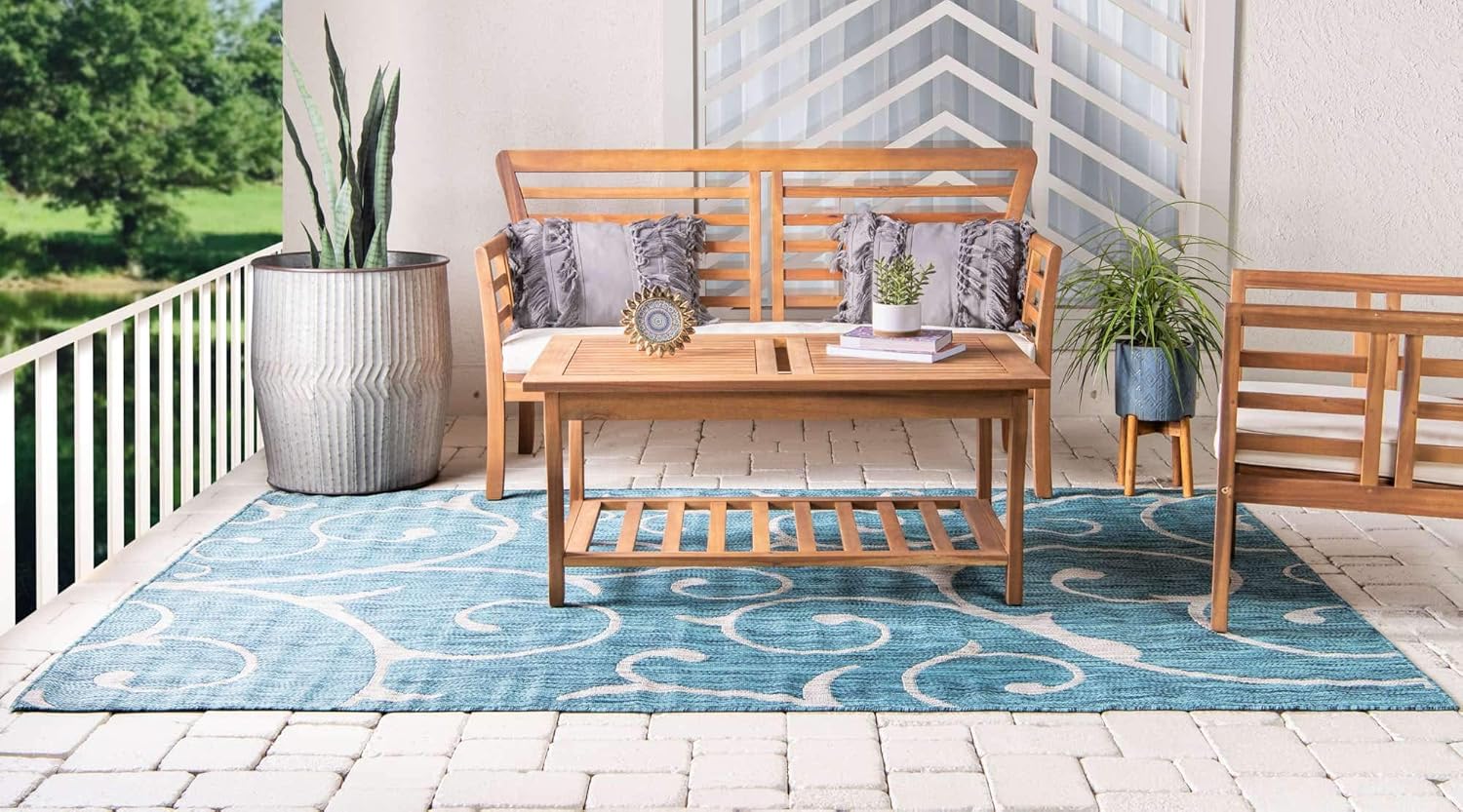 Unique Loom Outdoor Botanical Collection – Alfombra rizada, 7 pies 1 pulgada x 10 pies, rectangular, verde azuladomarfil