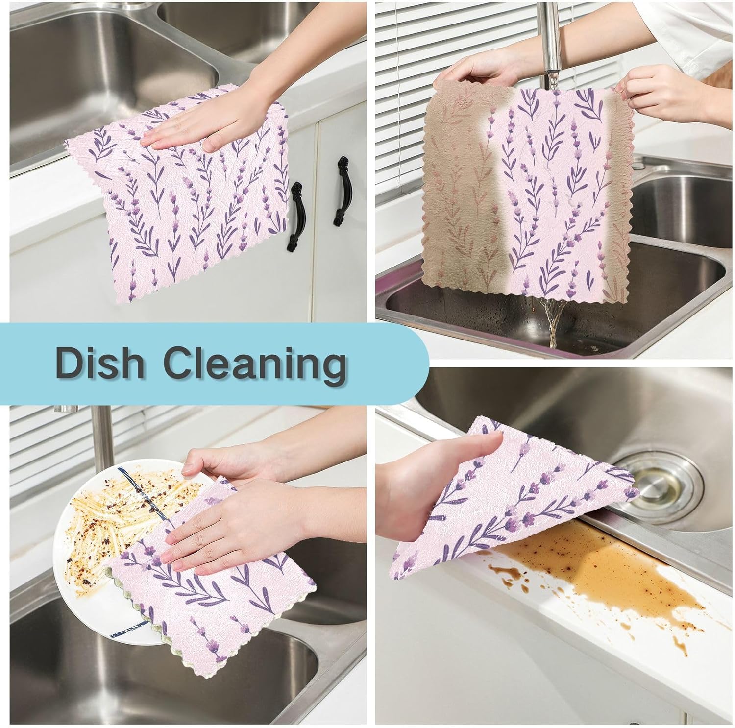 Purple Lavender Soft Decor Microfiber Dish Towels Absorbent Set of 6 Tea Cup Kitchen Towels for Countertop Oven