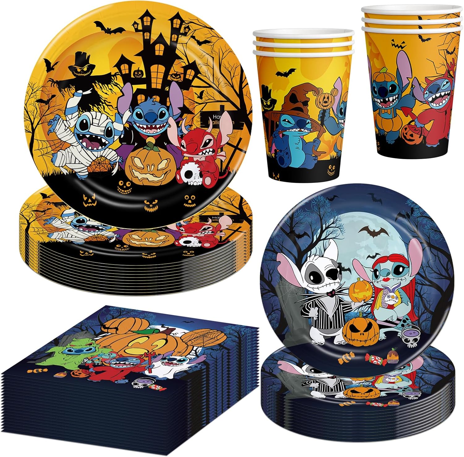 Stitch Suministros de fiesta de cumpleaños de Halloween, decoraciones de fiesta de Halloween, incluye tazas, platos, servilletas para Halloween,