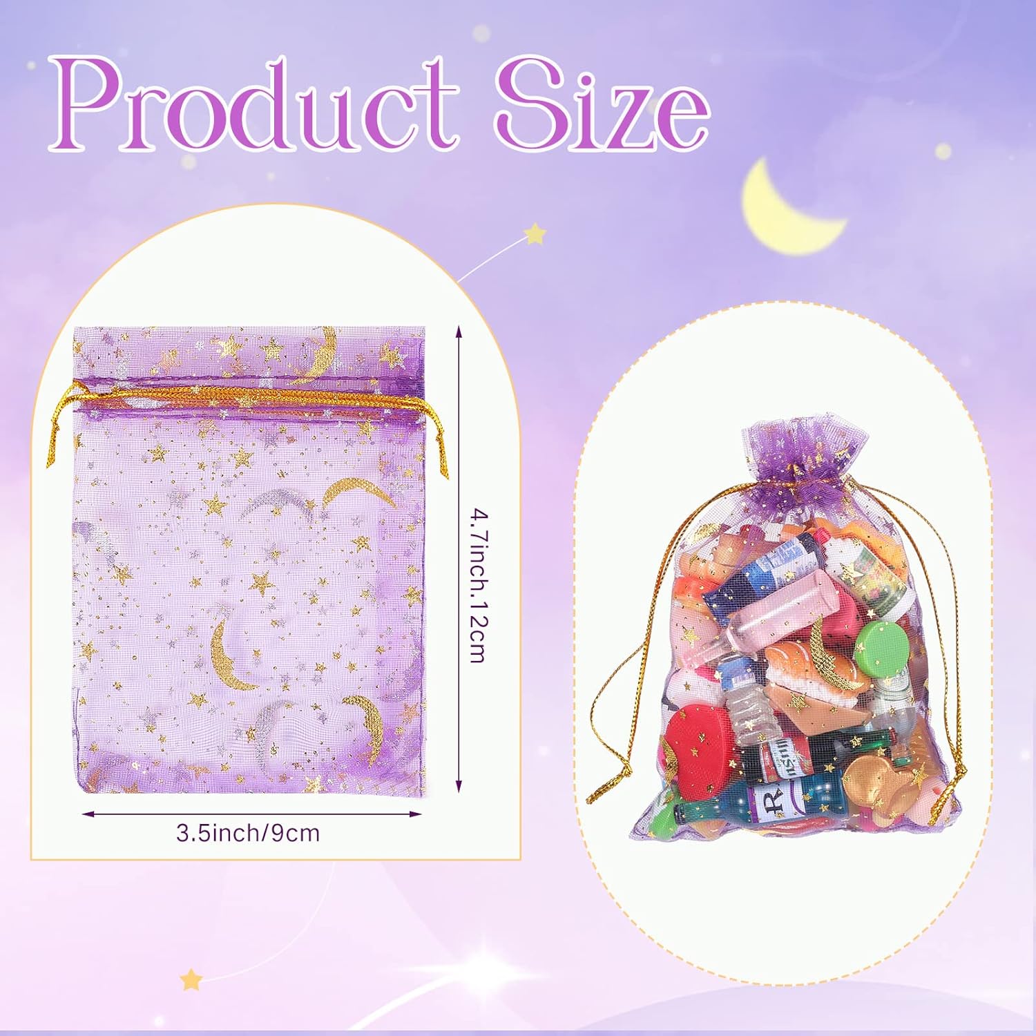 Shappy 150 bolsas de organza con cordón y estrellas de luna, bolsas de regalo de joyería, bolsas de organza con estrellas doradas para Navidad,