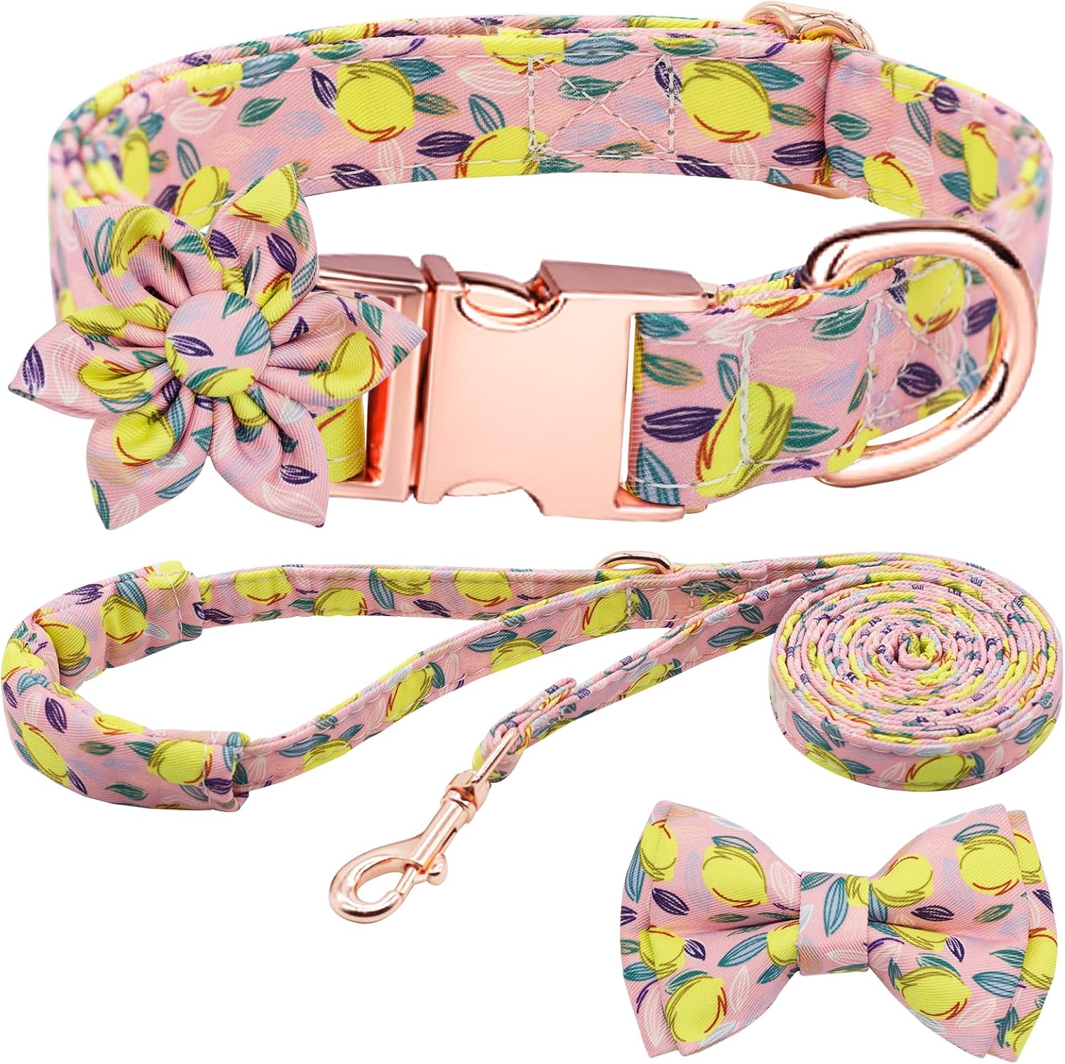 Juego de collar y correa para perro con pajarita, collar de perro con flor desmontable con placa de identificación para perro, hebilla dorada fuerte