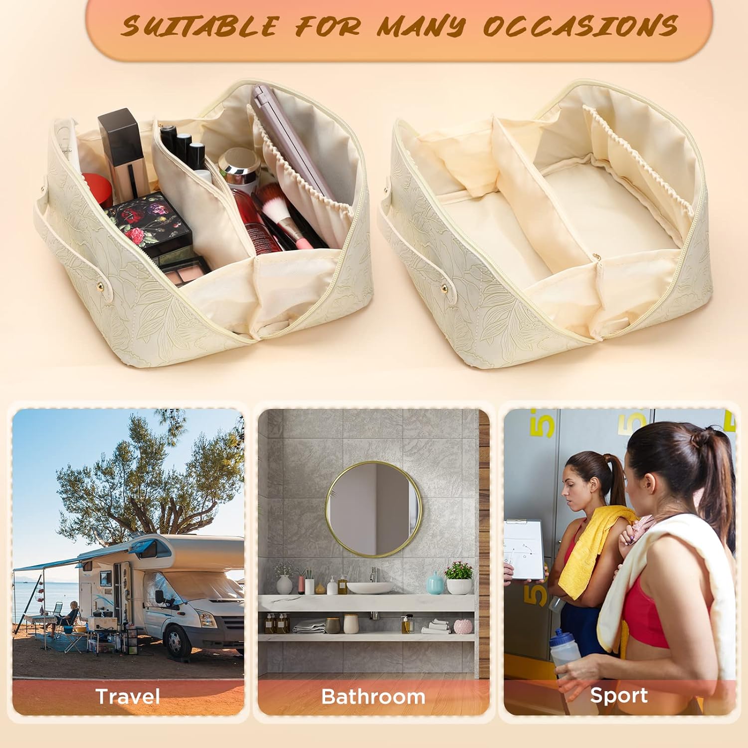 Bolsa de cosméticos de viaje de gran capacidad, portátil, de cuero, impermeable, bolsa de maquillaje de viaje, bolsa de almacenamiento con