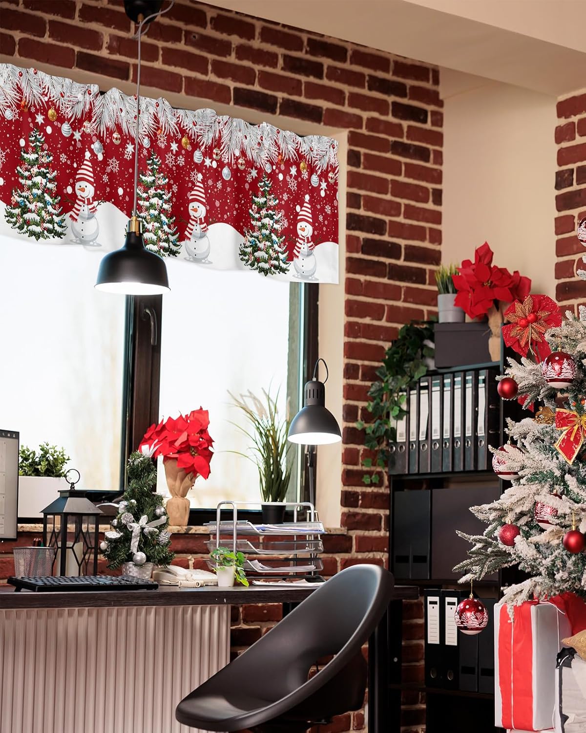 Cortinas de cenefa de Navidad para ventanas de cocina, árbol de Navidad, lindo muñeco de nieve, copos de nieve, agujas de pino, cenefas de ventana