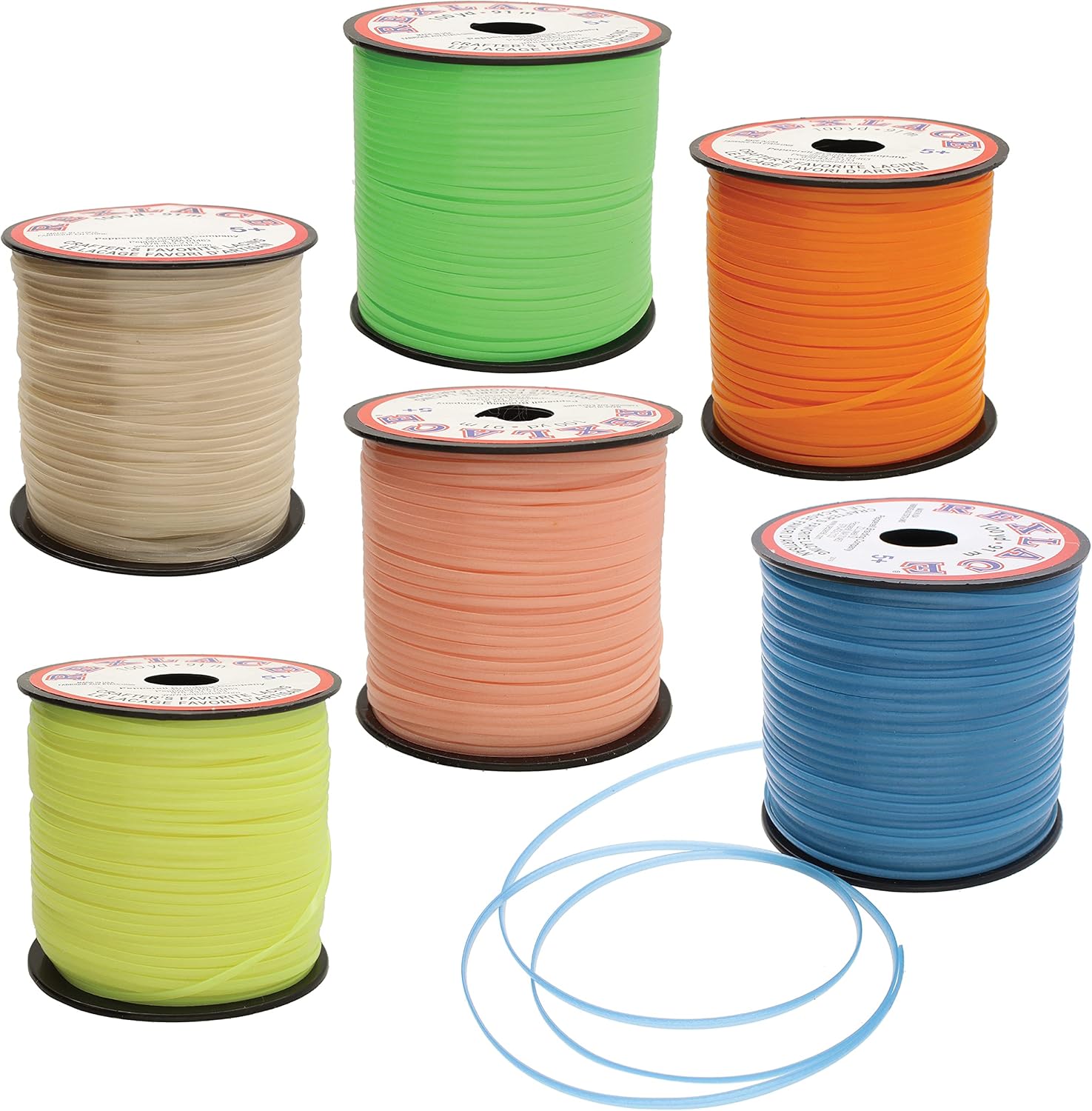 Rexlace – Cordones planos de plástico, sin látex, no tóxicos, mezcla de colores brillantes, mezcla de 6 colores surtidos, 332 pies de ancho x 132