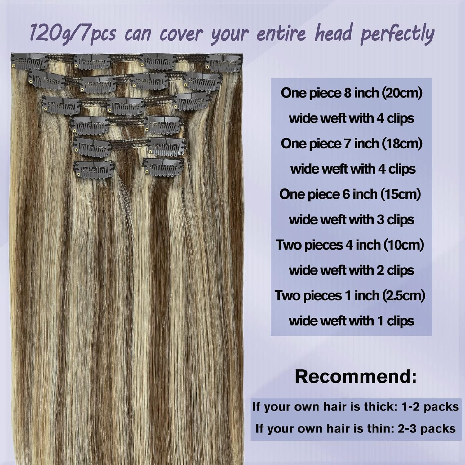 Honsoo – Extensiones de cabello humano Remy con pinza, color rubio cenizo a rubio platinado, 7 unidades de 3.53oz y 12pulgadas, para mujer