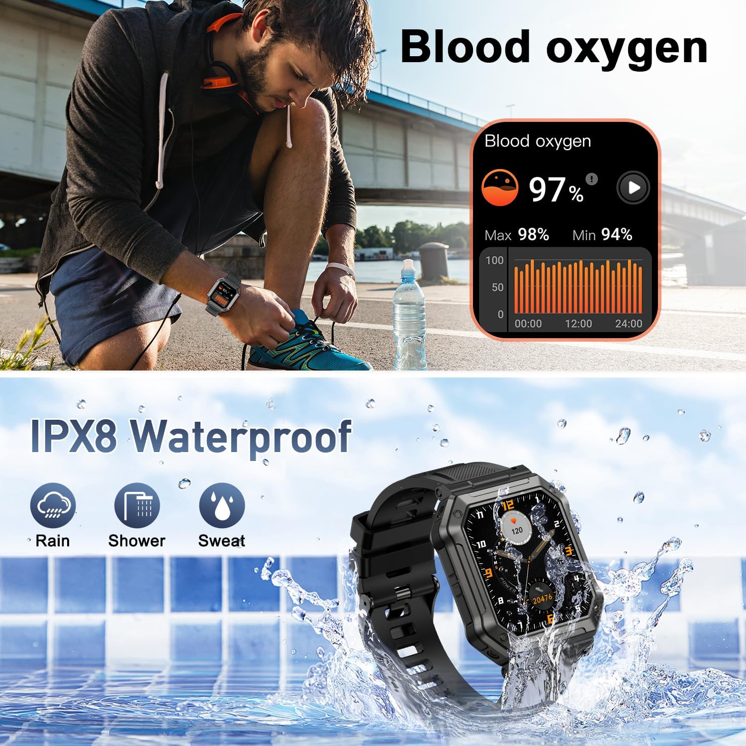 Reloj inteligente para hombre, rastreador de ejercicio (llamadarespuesta de llamadas) Bluetooth táctico militar reloj inteligente para teléfonos