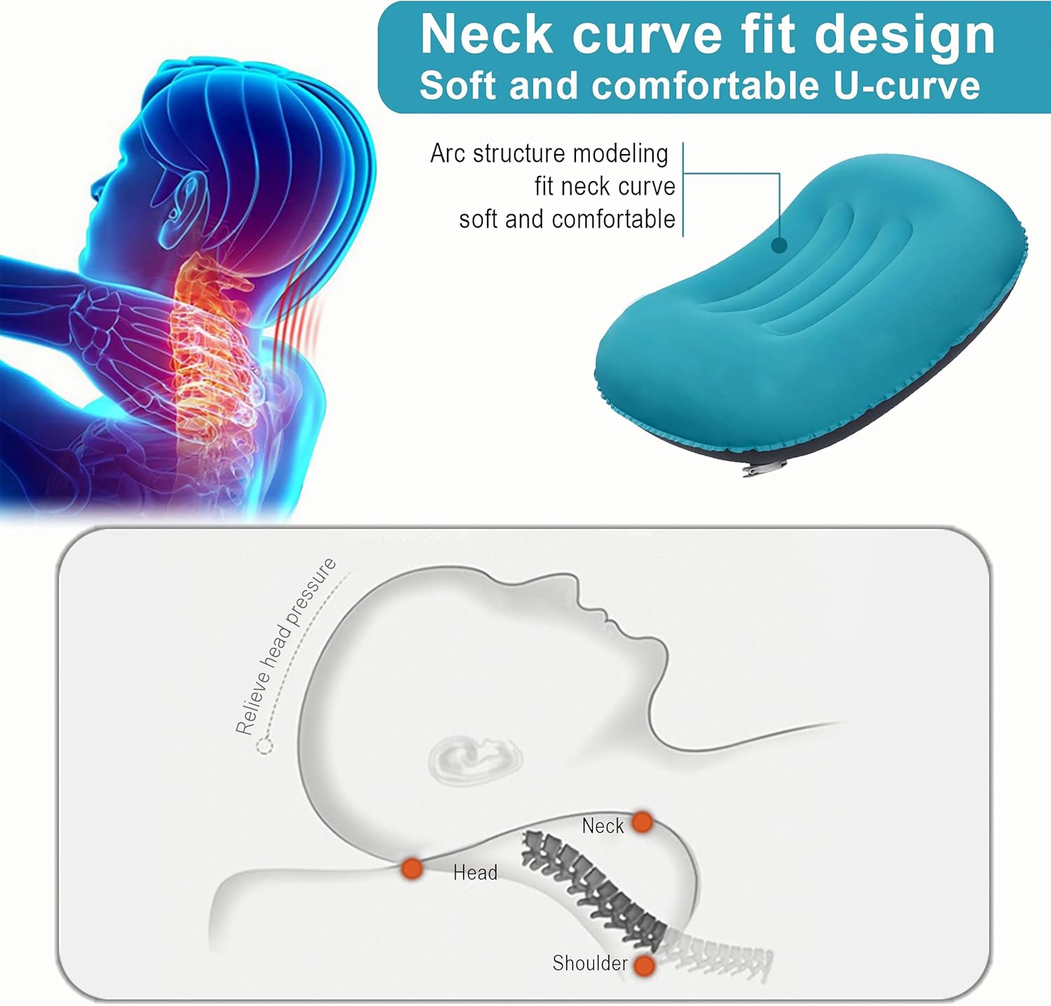 Portable Inflatable Neck Pillow for Outdoor Travel, Camping, Office Naps-PolyesterColor Available-Simple and Comfortable (Cyan)