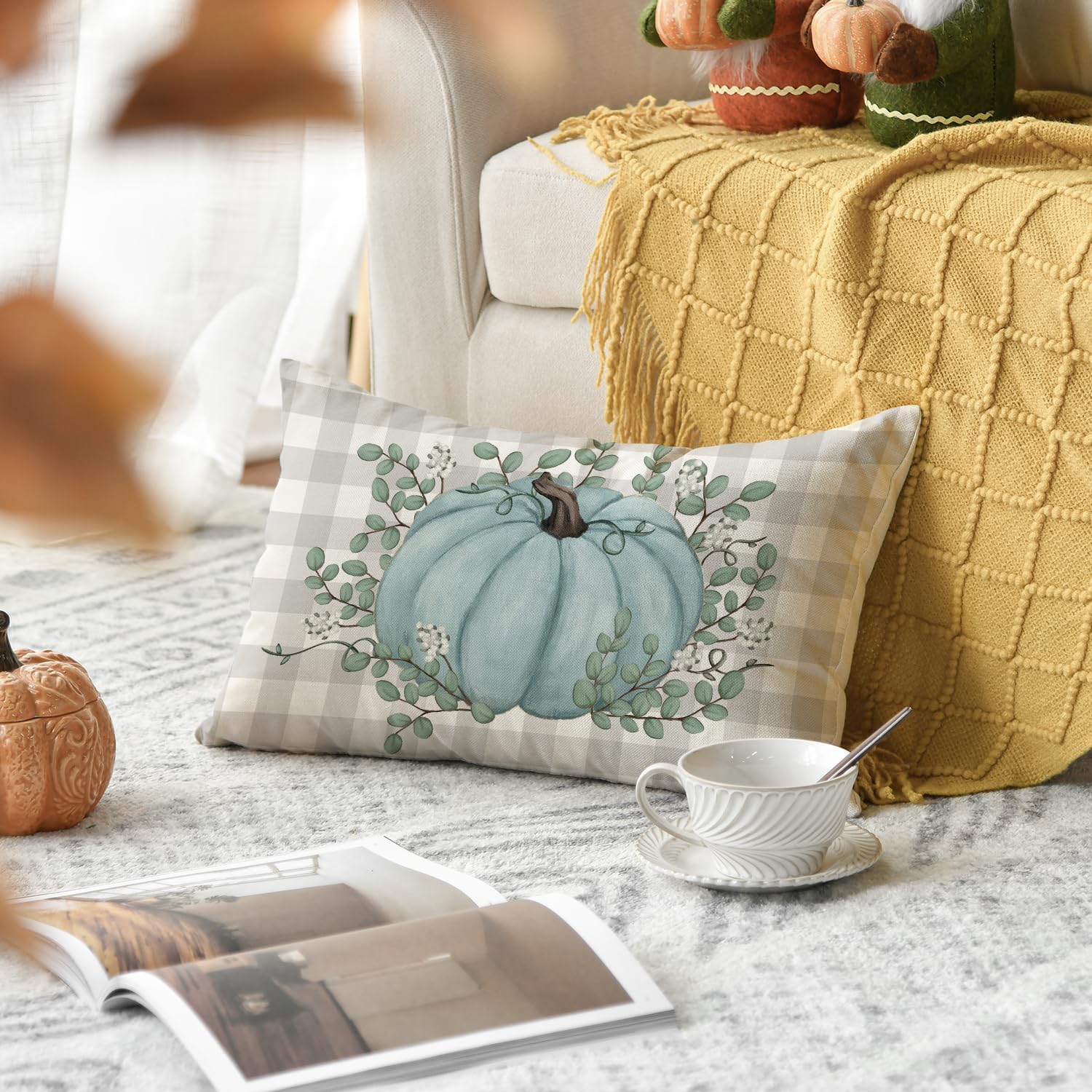 AVOIN colorlife Funda de almohada de hojas de eucalipto de calabaza verde azulado de 12 x 20 pulgadas, decoración de otoño y otoño, cosecha de