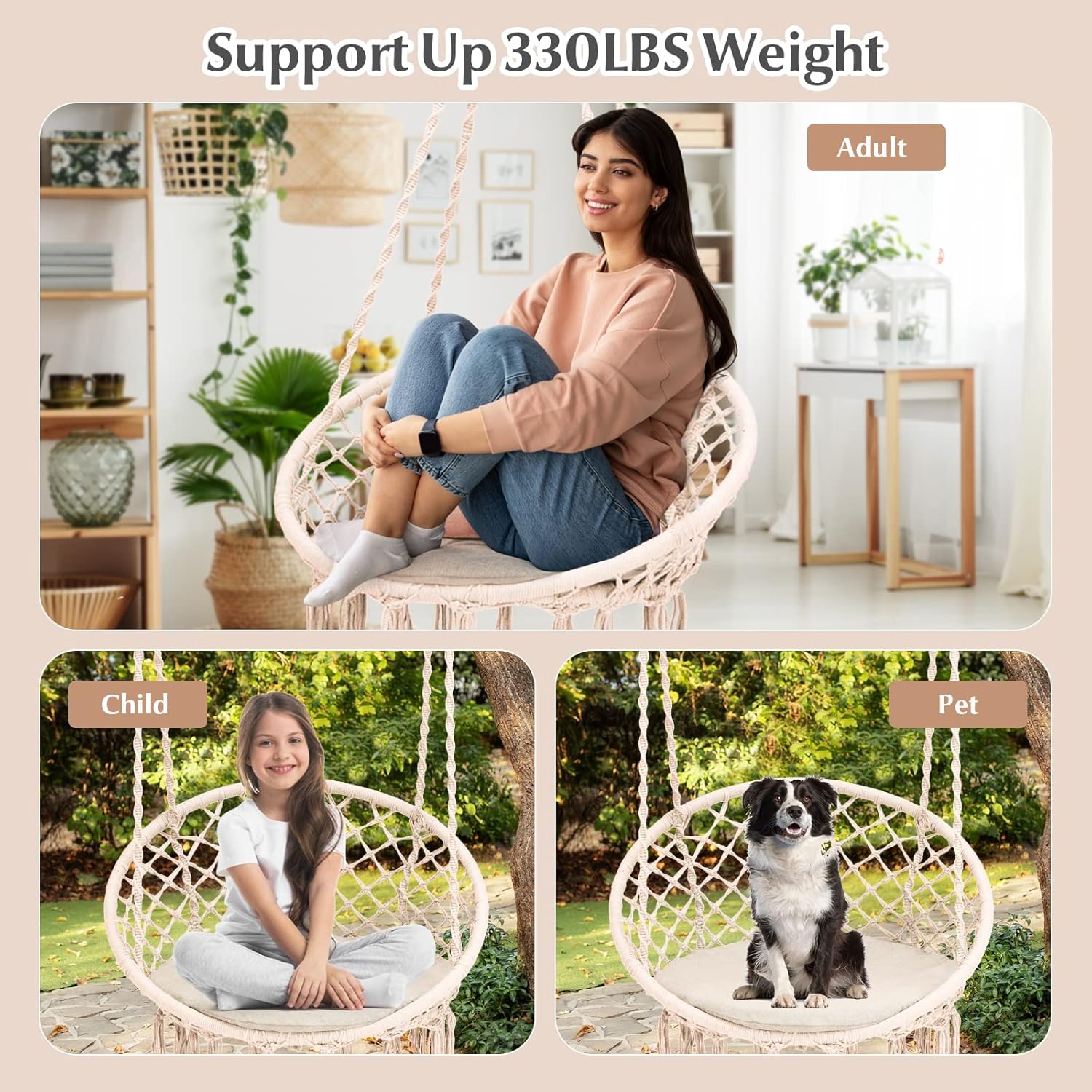 Tangkula Silla hamaca con cojín, estilo bohemio de macramé con kit de accesorios para colgar y correa, columpio de cuerda colgante para interiores y