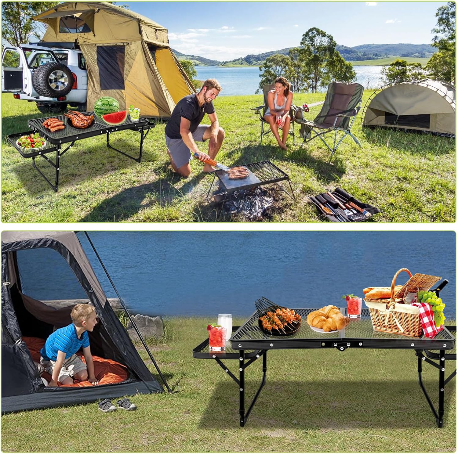 Mesa de parrilla, mesa de camping plegable, mesa de comedor de aleación de aluminio, mesa de campamento plegable de altura y ancho ajustables,