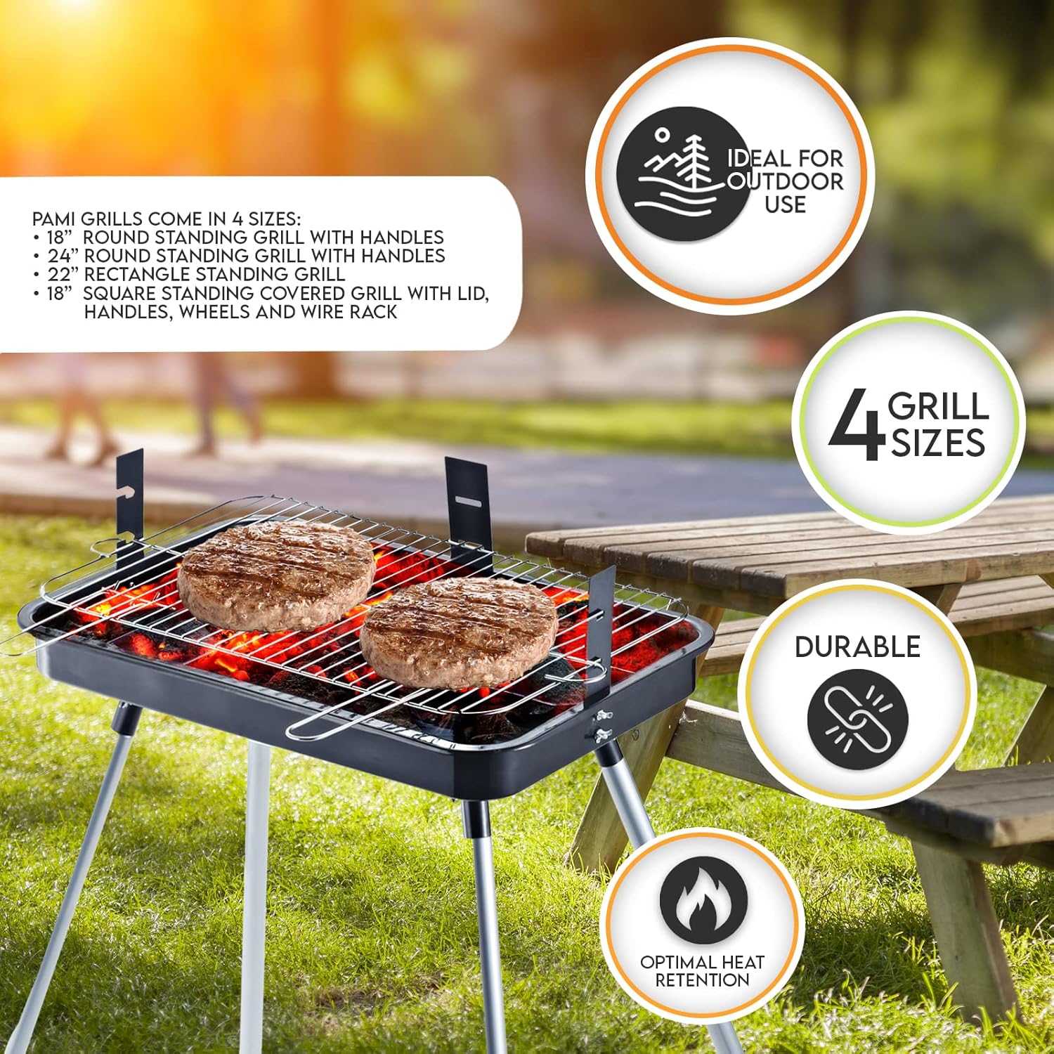 PAMI Parrilla portátil de carbón para barbacoa, parrilla mediana rectangular de 22 pulgadas para patio, patio, campamento, portón trasero y pícnics,