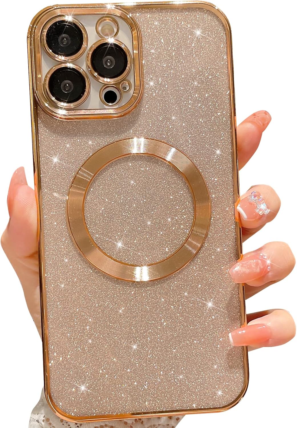 MGQILING Compatible con iPhone 15 Pro Funda magnética con purpurina, bonita funda transparente chapada de lujo, compatible con MagSafe para mujeres